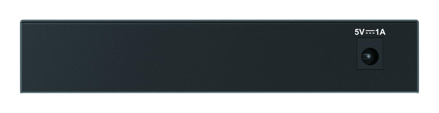 Schwarzer Netzwerk-Switch, mit einem Stromeingang, der mit 5V==1A beschriftet ist.