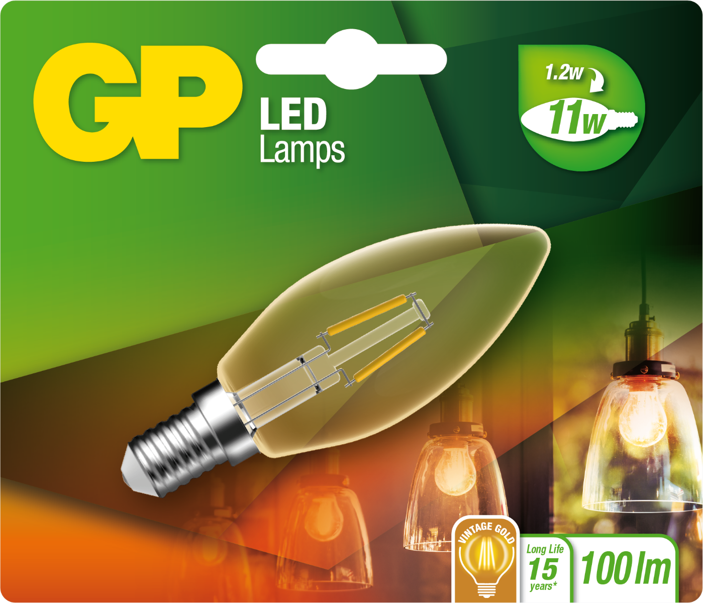 Een GP LED-lamp met tekst. Hij is geel en heeft een transparante lamp.