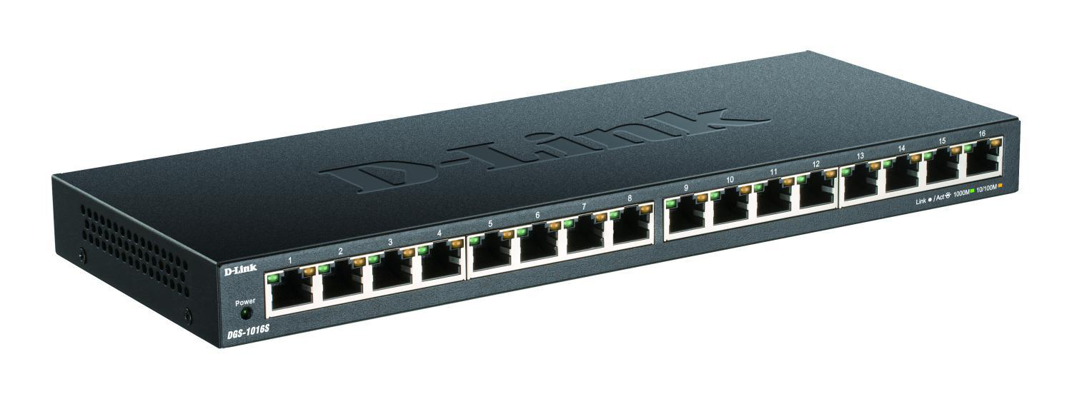 Schwarzer D-Link Netzwerk-Switch mit 16 Ports, Betriebsanzeige und D-Link-Logo auf weißem Hintergrund.