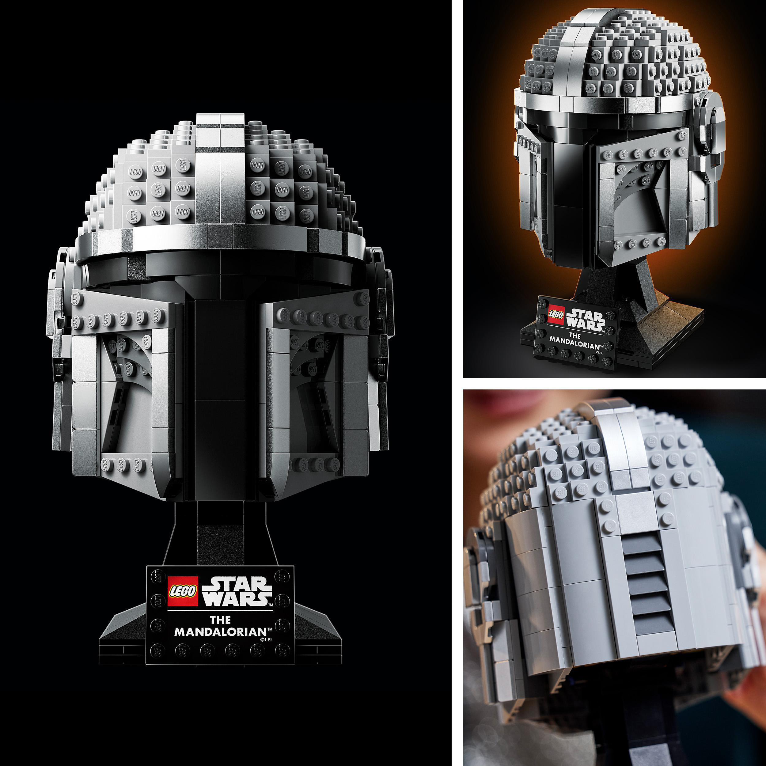 Drei Ansichten eines Lego Mandalorianer-Helms. Schwarzer Hintergrund.