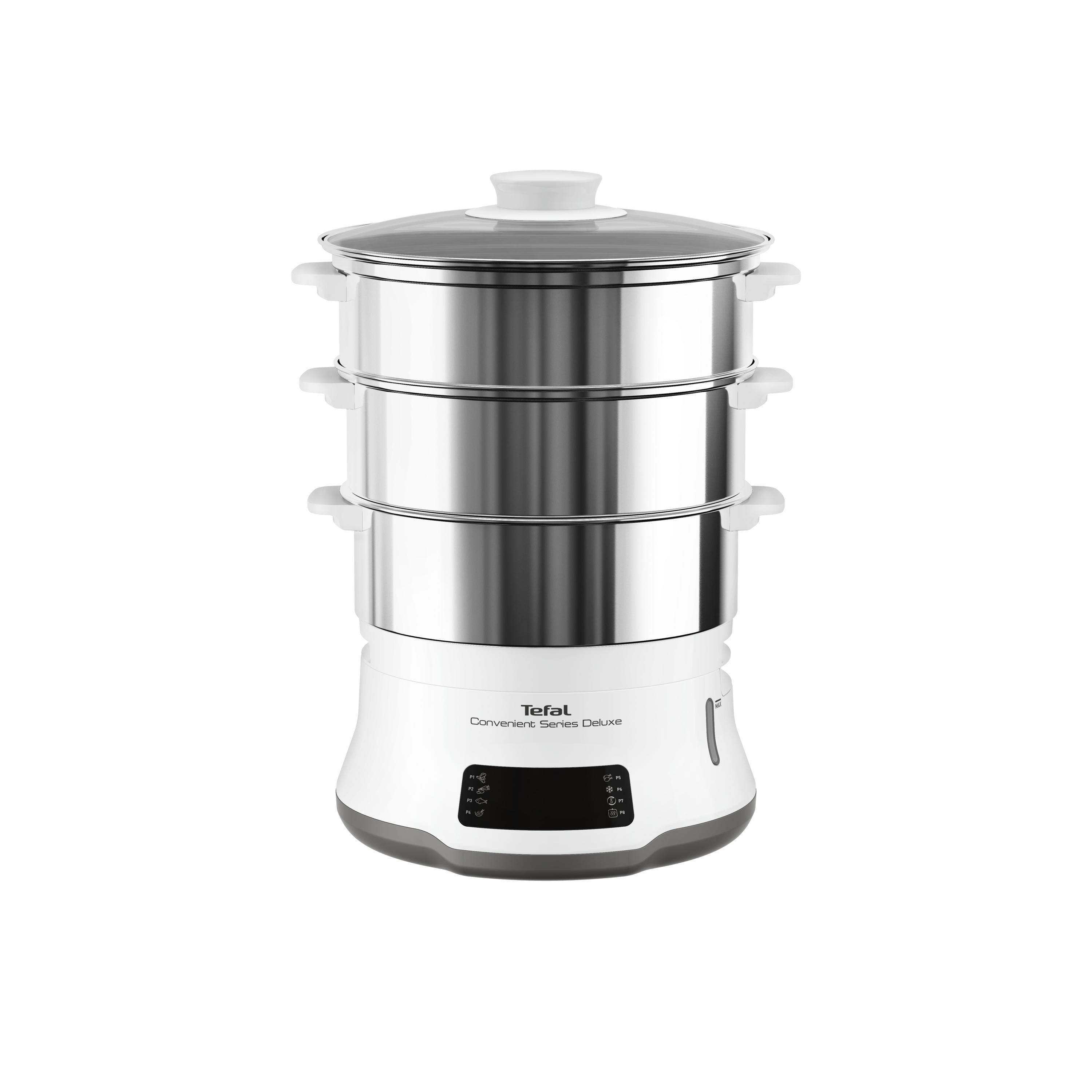 Ein weißer, dreistöckiger Tefal-Dampfgarer mit transparentem Deckel, auf einem weißen Sockel stehend.