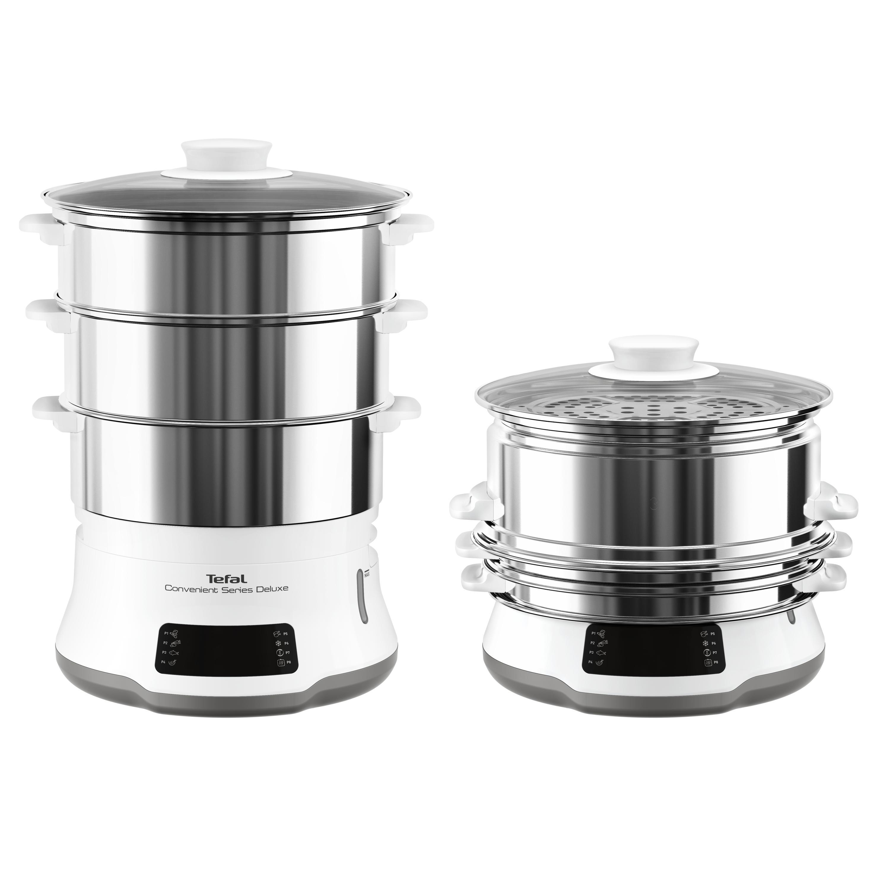 Zwei Tefal Dampfgarer, einer mit drei Ebenen, der andere mit zwei. Beide sind weiß und silber.