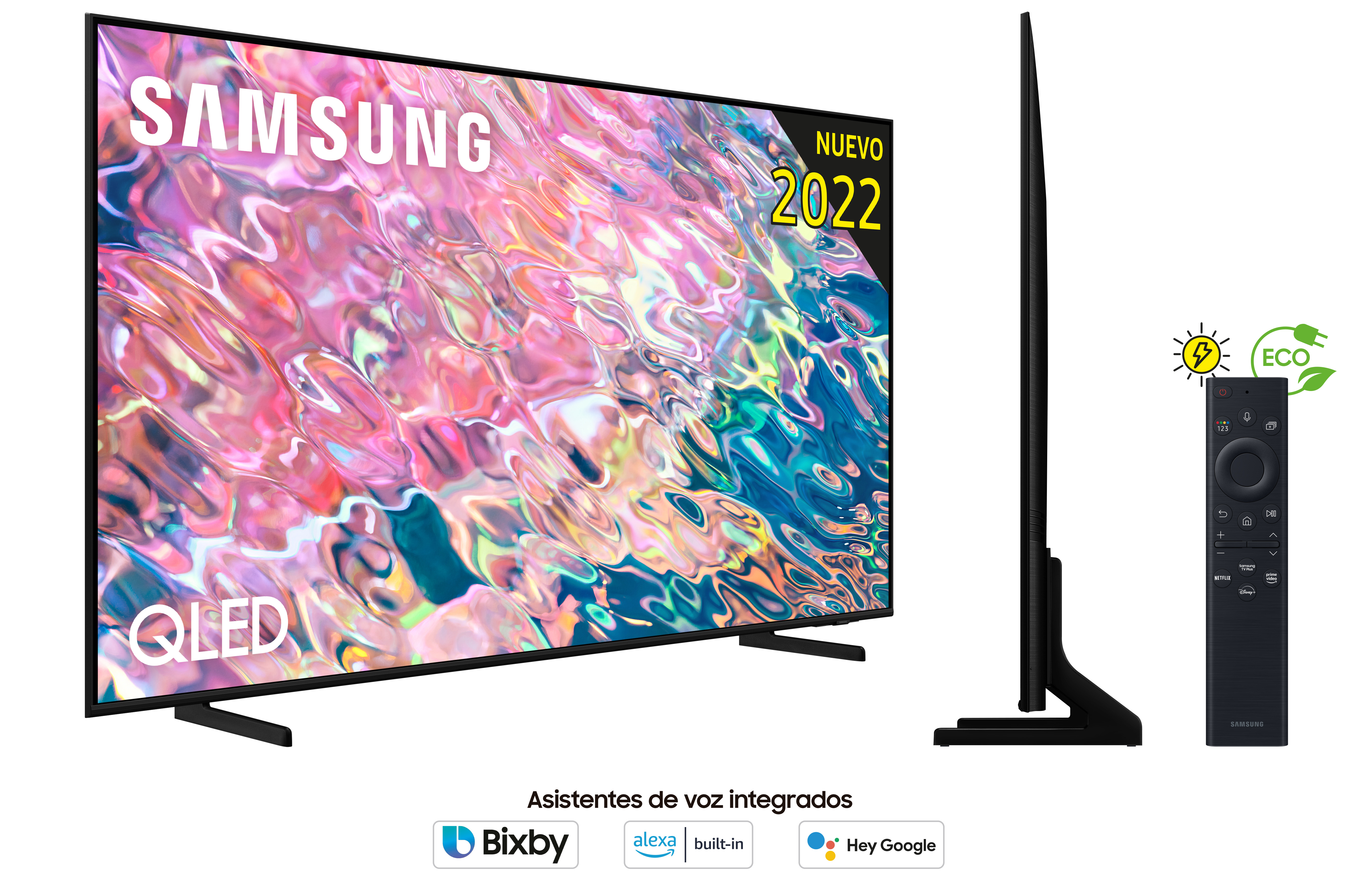 Un televisor Samsung QLED 2022 con mando a distancia y asistentes de voz. El televisor está sobre fondo blanco.