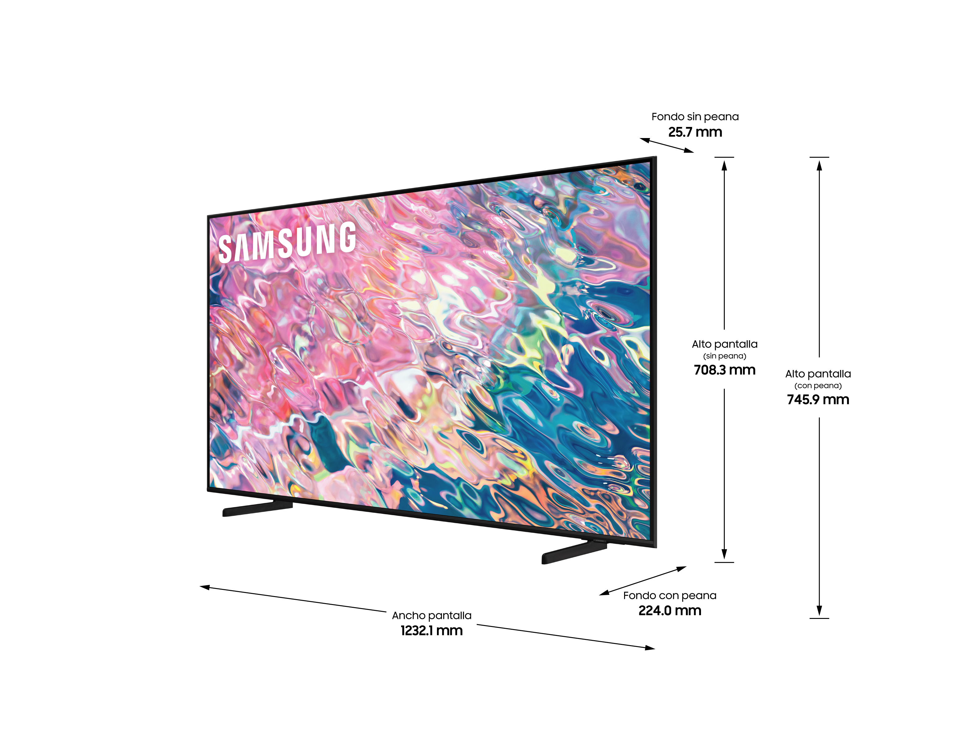 Televisor Samsung en soporte, mostrando pantalla y dimensiones. Texto en la pantalla. Fondo blanco.