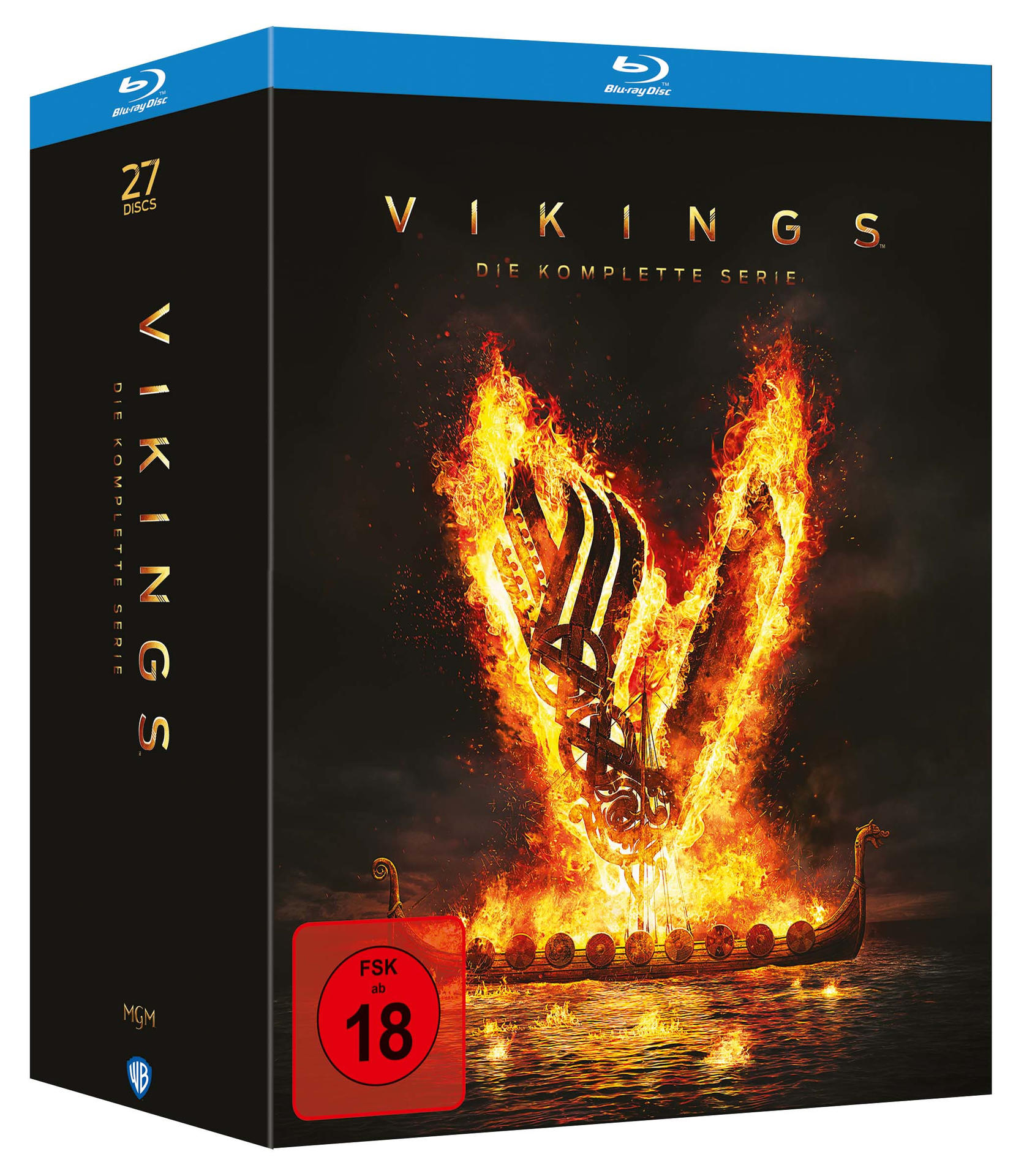 Eine Blu-ray-Box-Set der Fernsehserie 'Vikings' mit feurigen Bildern.