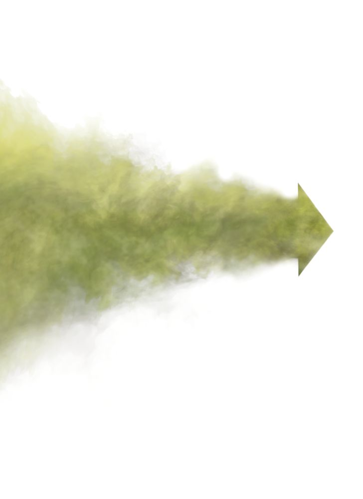 Una flecha hecha de humo verde-amarillo sobre fondo blanco, apuntando a la derecha.