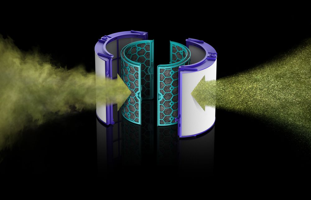 Una sección transversal de un filtro de aire Dyson, con flechas de flujo de aire.
