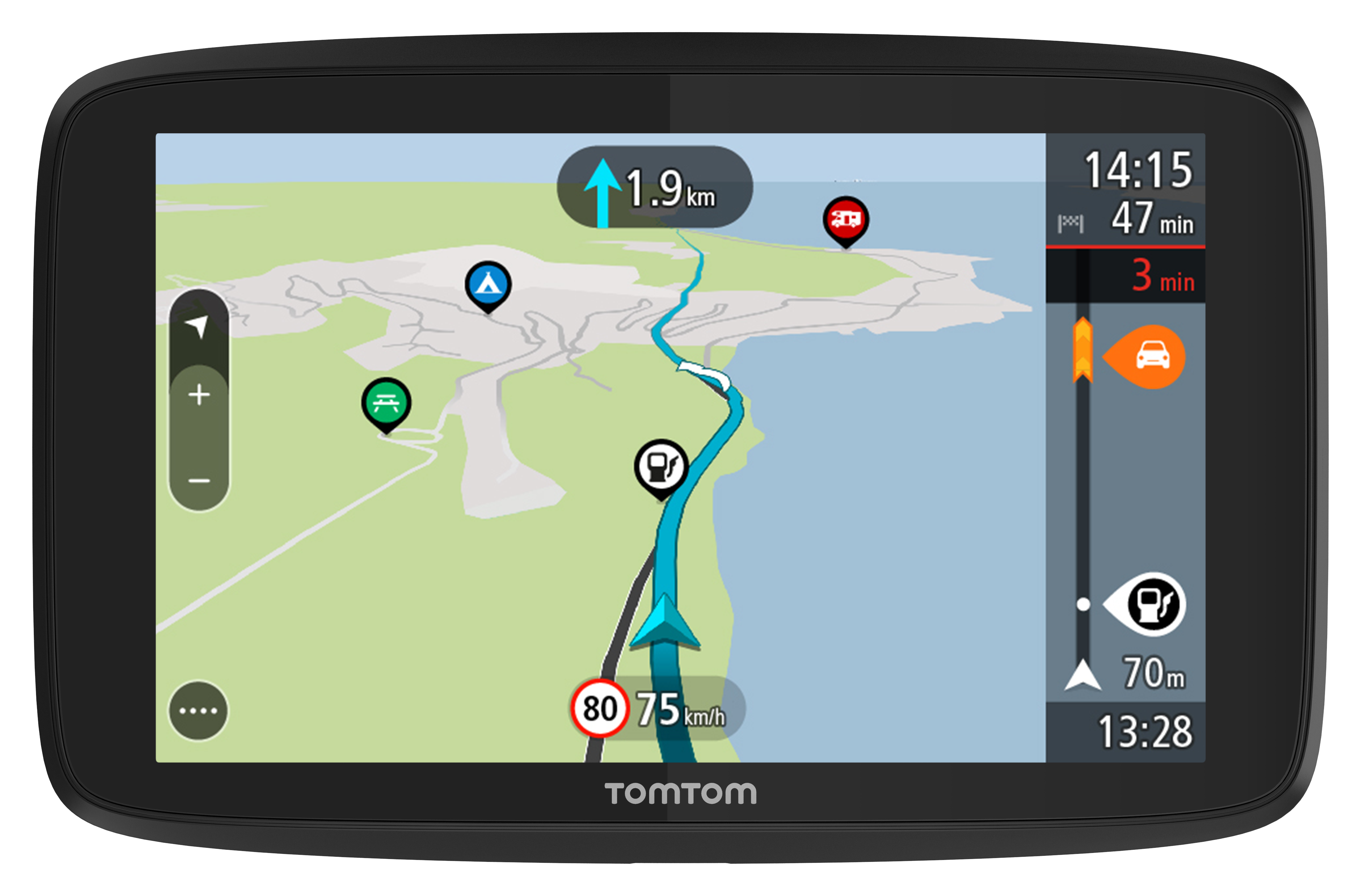 Ein TomTom GPS-Gerät, das eine Karte mit Route, Zeit- und Geschwindigkeitsinformationen zeigt.