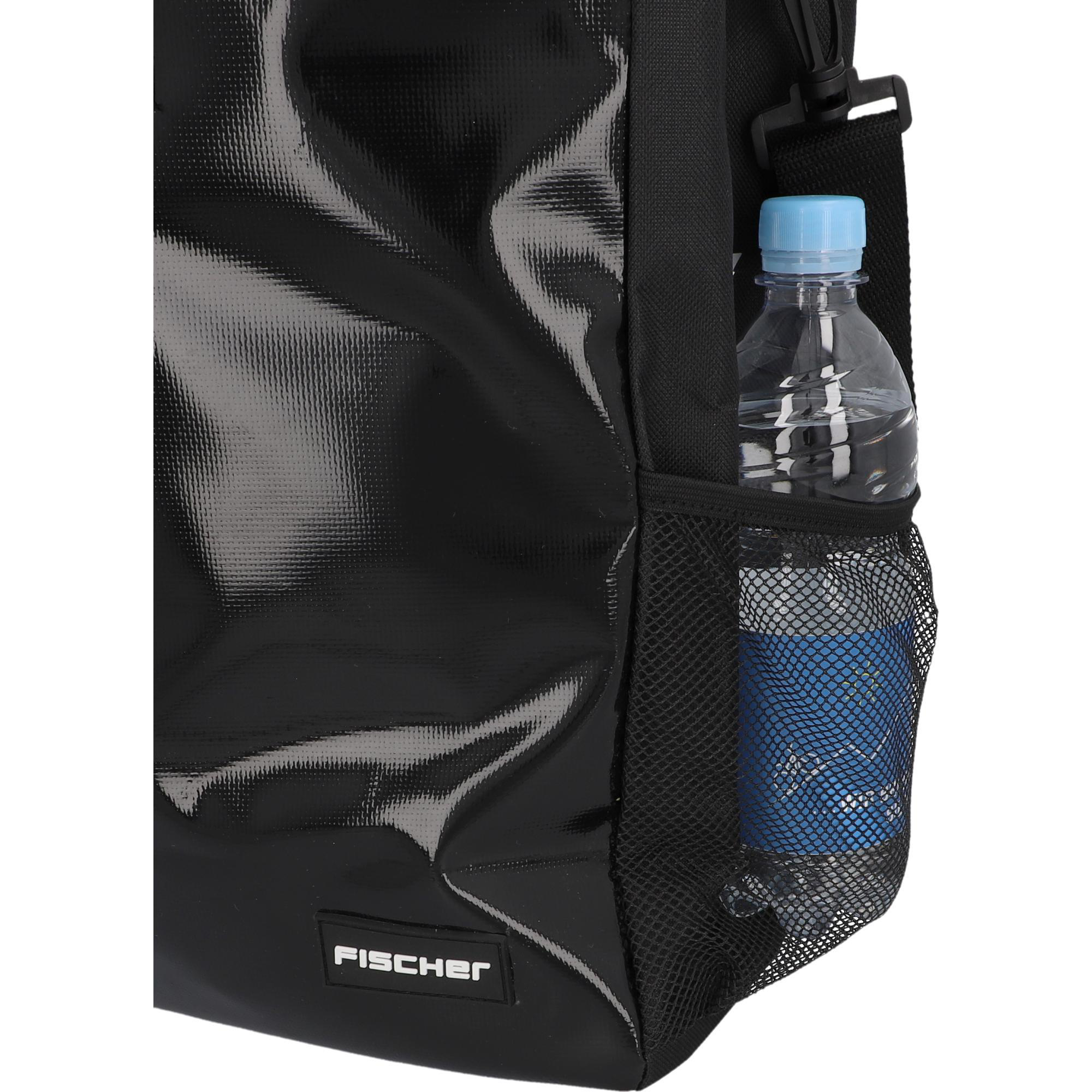 Schwarze Tragetasche mit Seitentasche, die eine Wasserflasche hält. FISCHER-Etikett sichtbar.