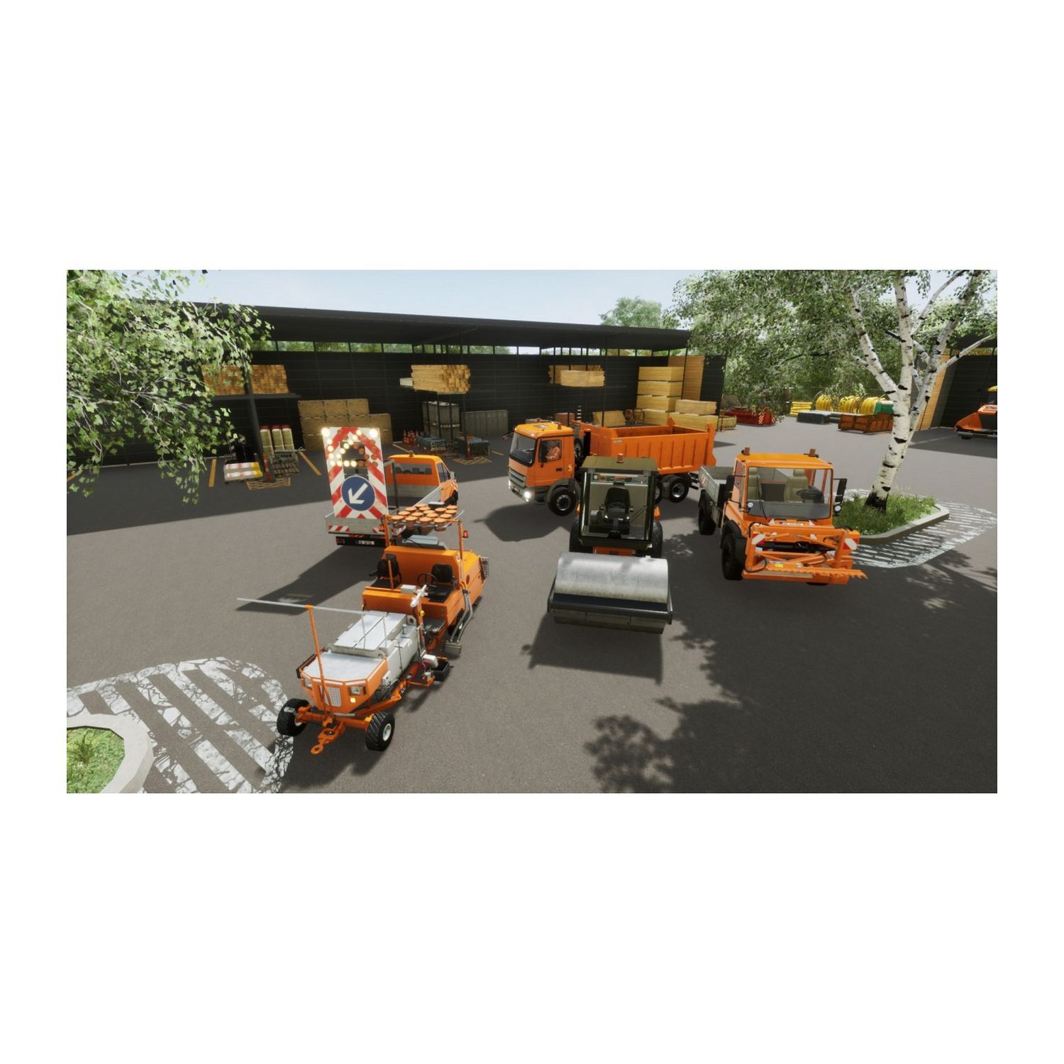 Un grupo de vehículos de construcción naranjas estacionados en asfalto cerca de un gran almacén.