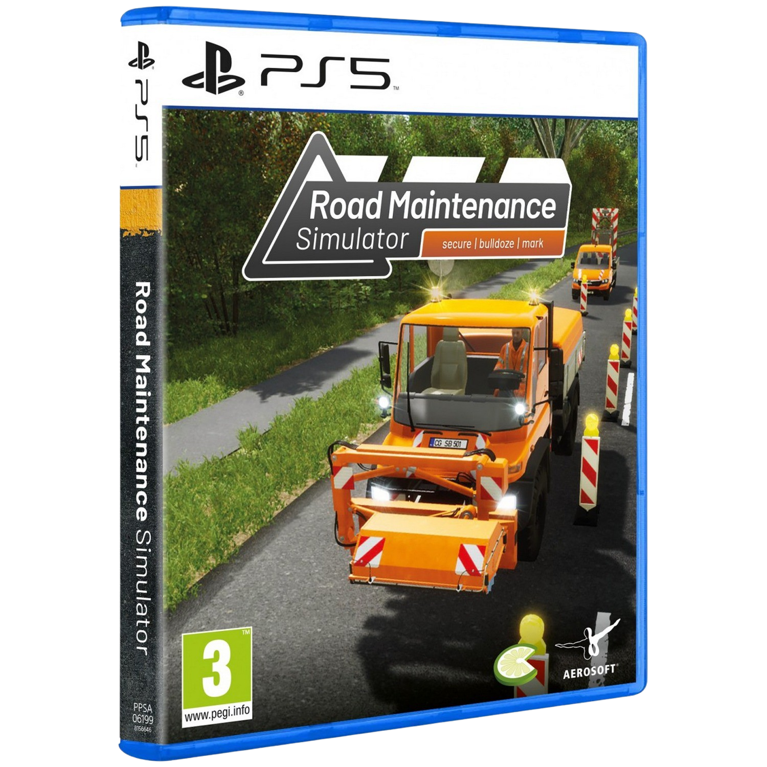 Caja de juego de PS5. Un camión de mantenimiento vial naranja, con trabajadores, en una carretera.