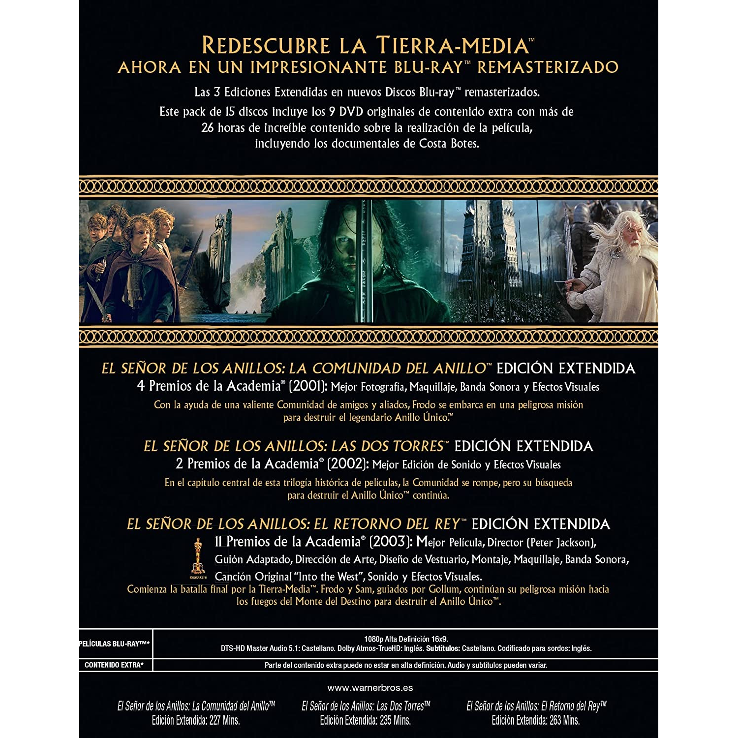 Portada de película con personajes de El Señor de los Anillos. Texto arriba, títulos de películas abajo y premios.