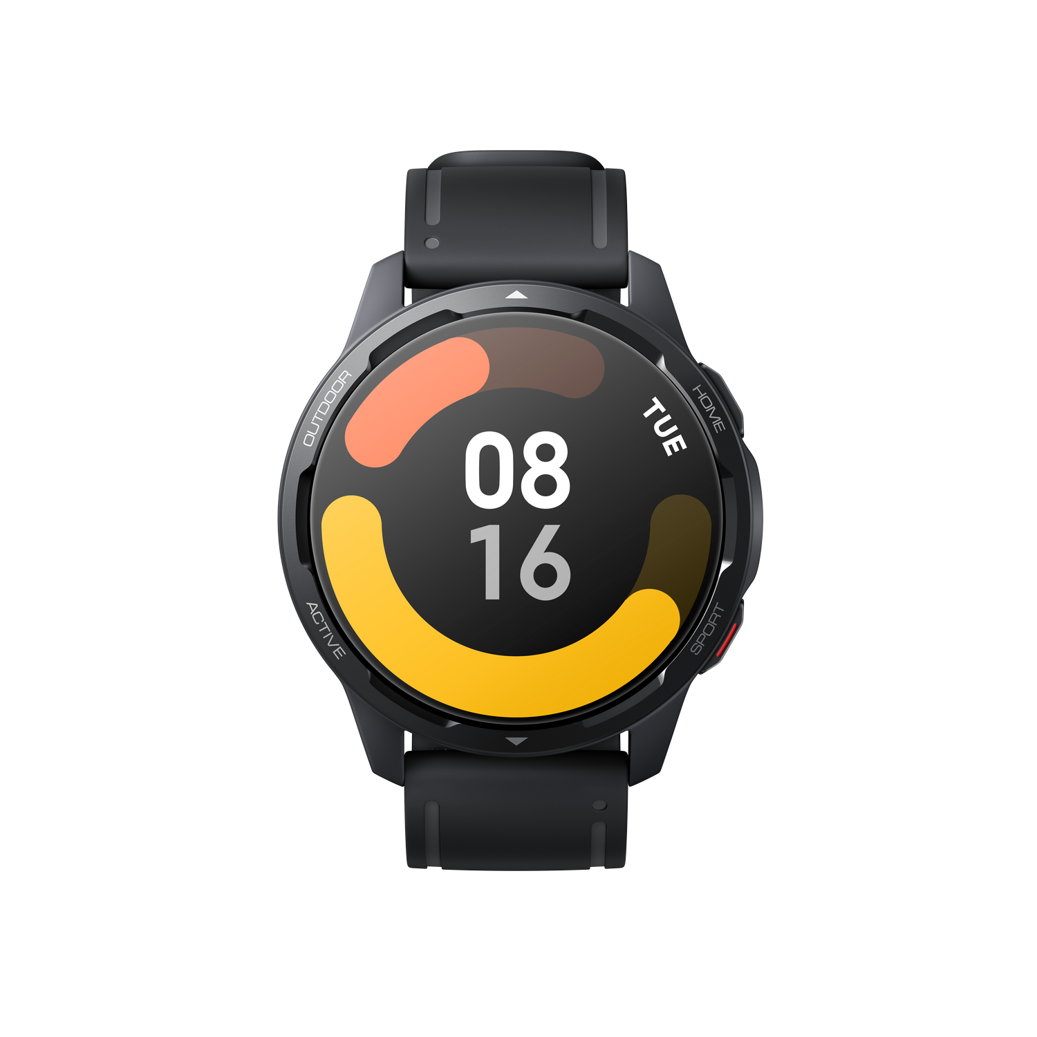 Smartwatch negra con pantalla redonda que muestra la hora y secciones coloridas.