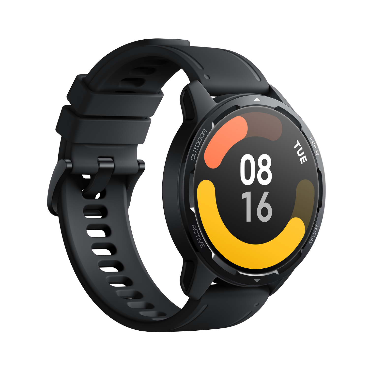 Smartwatch negra con pantalla circular que muestra la fecha y la hora.