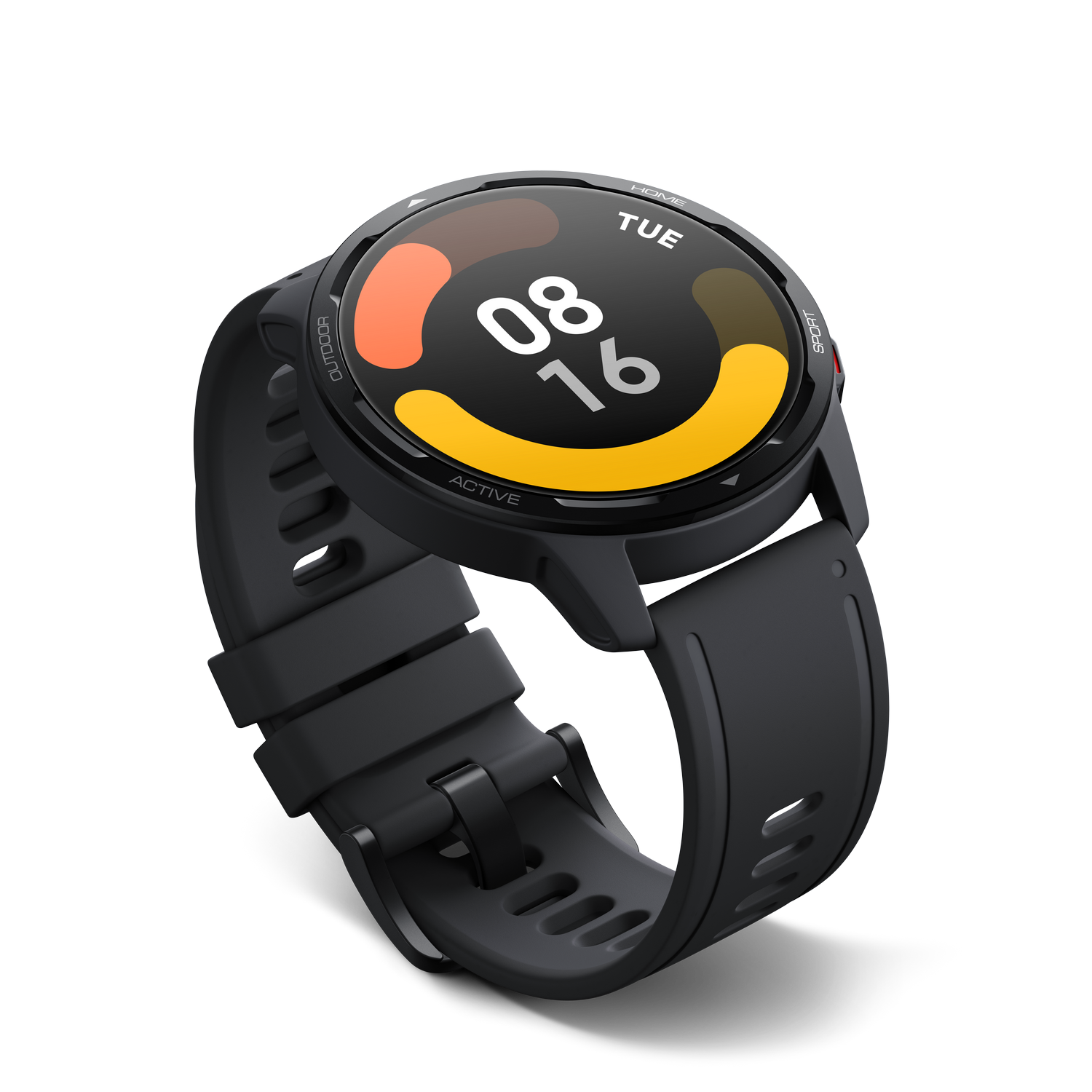 Un reloj inteligente negro con una pantalla circular que muestra la fecha y la hora.