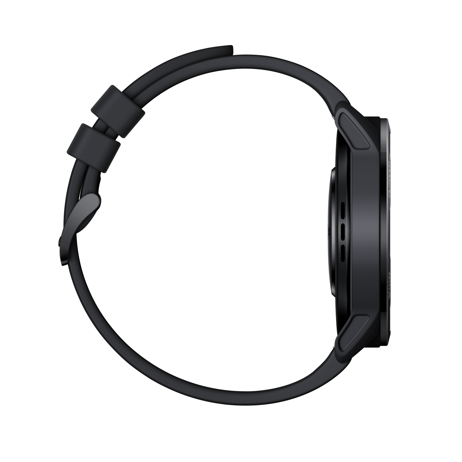 Smartwatch negra, vista lateral, correa negra, sobre fondo negro.