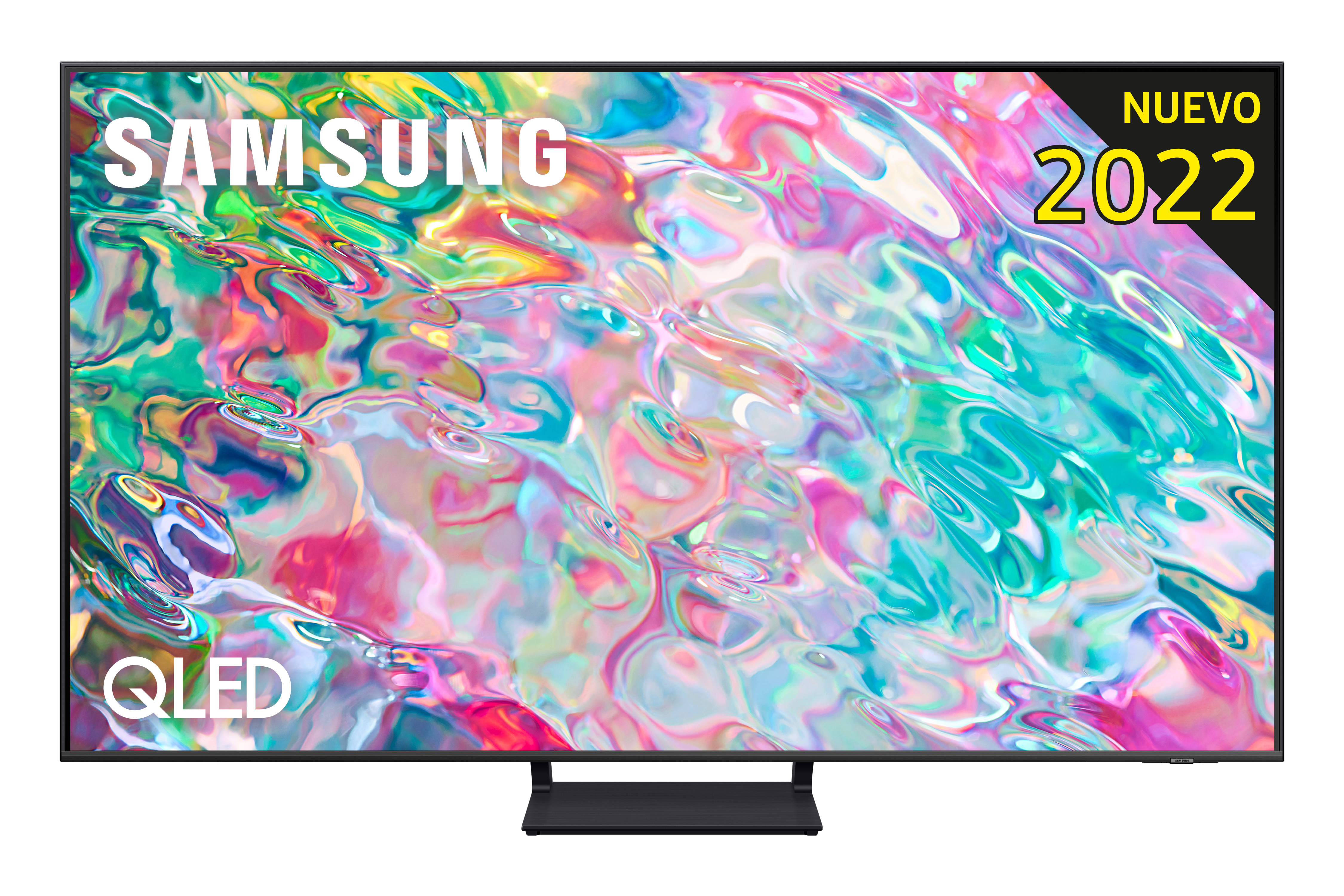 TV Samsung QLED con pantalla colorida y pegatina 'Nuevo 2022'. Base y marco negros.