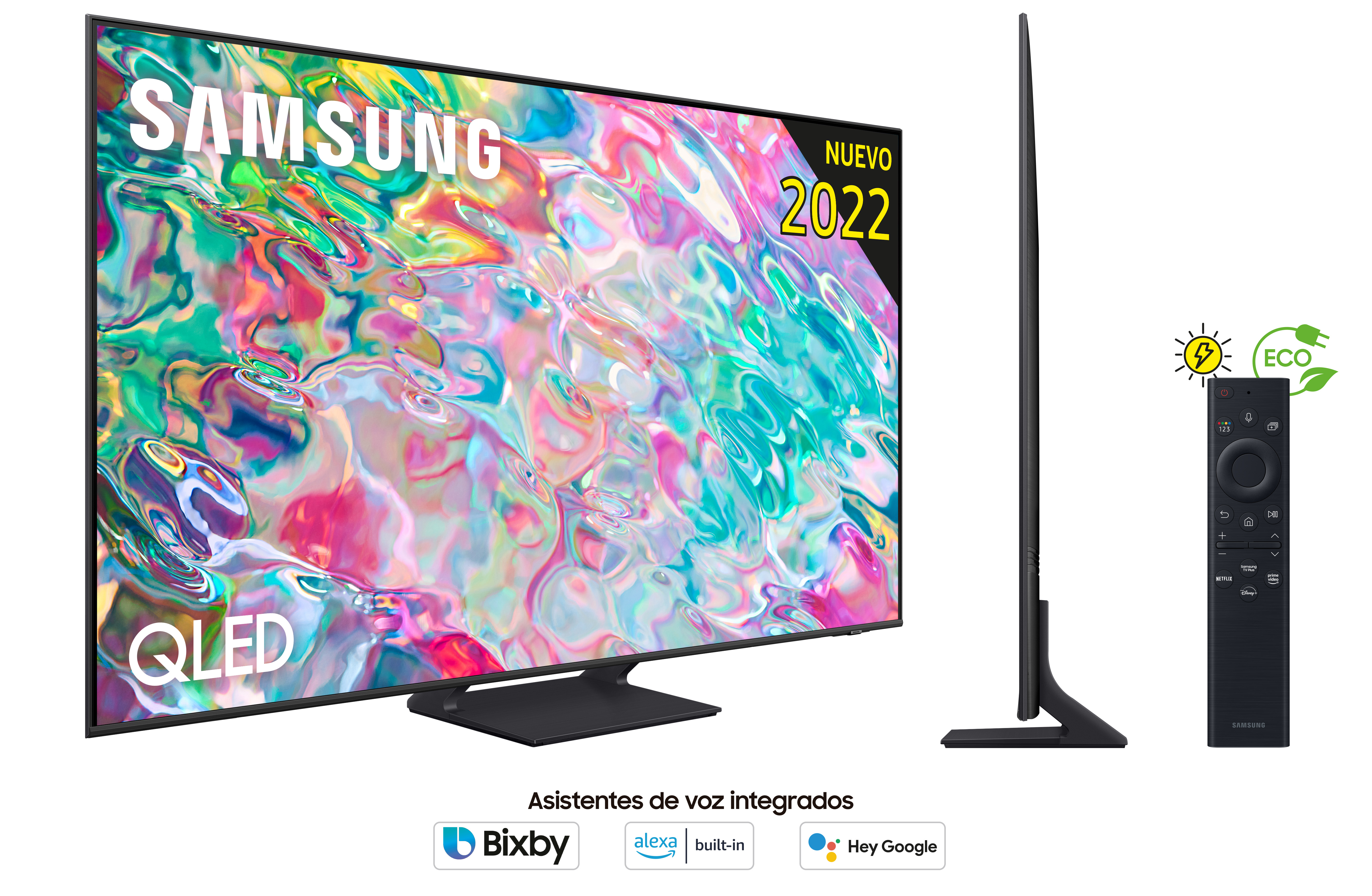Pantalla de TV, con un perfil lateral. Nuevo modelo 2022 con asistentes de voz y un mando a distancia.