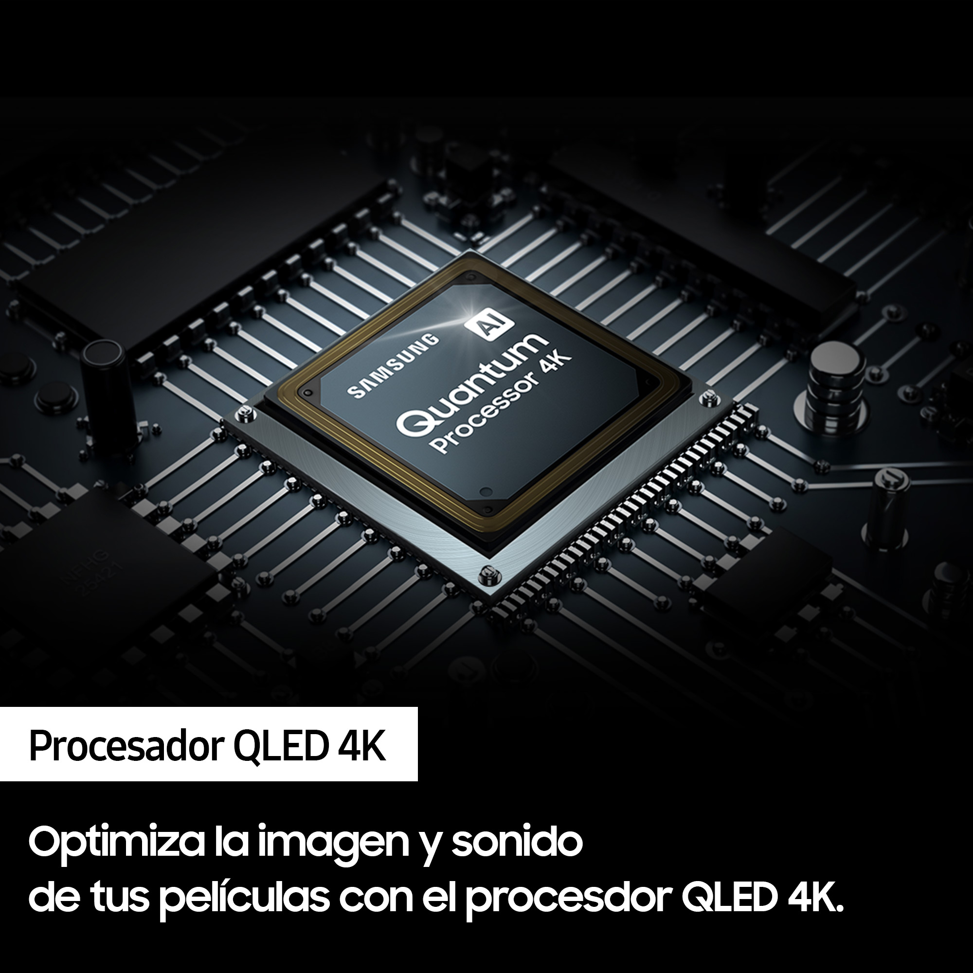 Un primer plano de un procesador en una placa de circuito, con los logotipos de Samsung y IA.