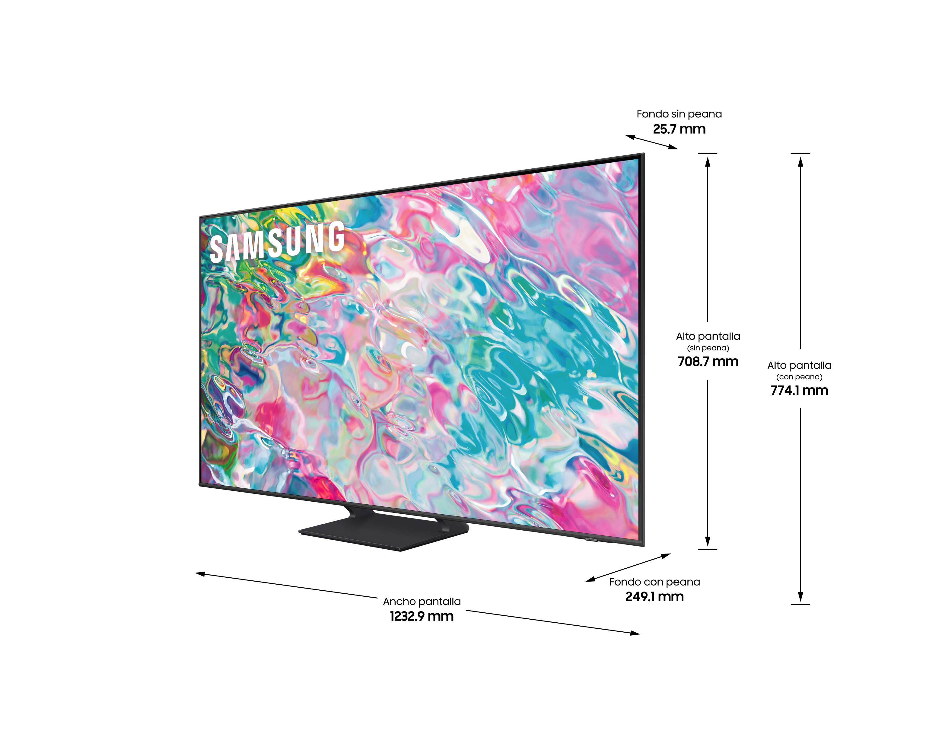 Televisor Samsung con soporte, dimensiones y etiquetas de texto sobre fondo blanco.