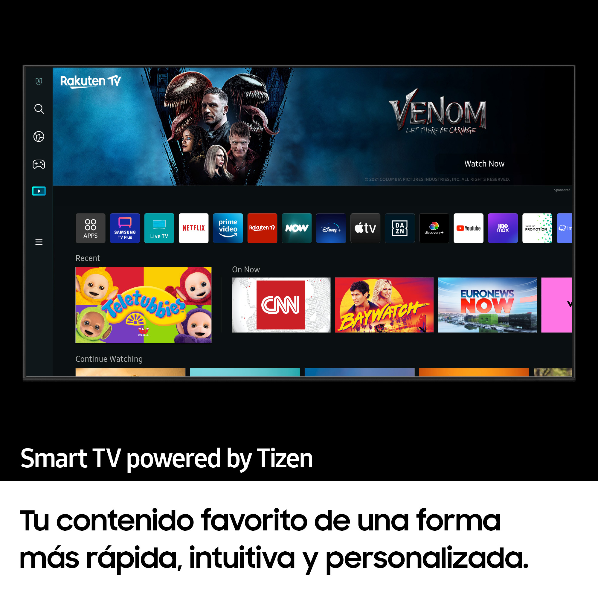 Interfaz de Smart TV que muestra Rakuten TV y otras aplicaciones de streaming. Texto en español, con carteles.
