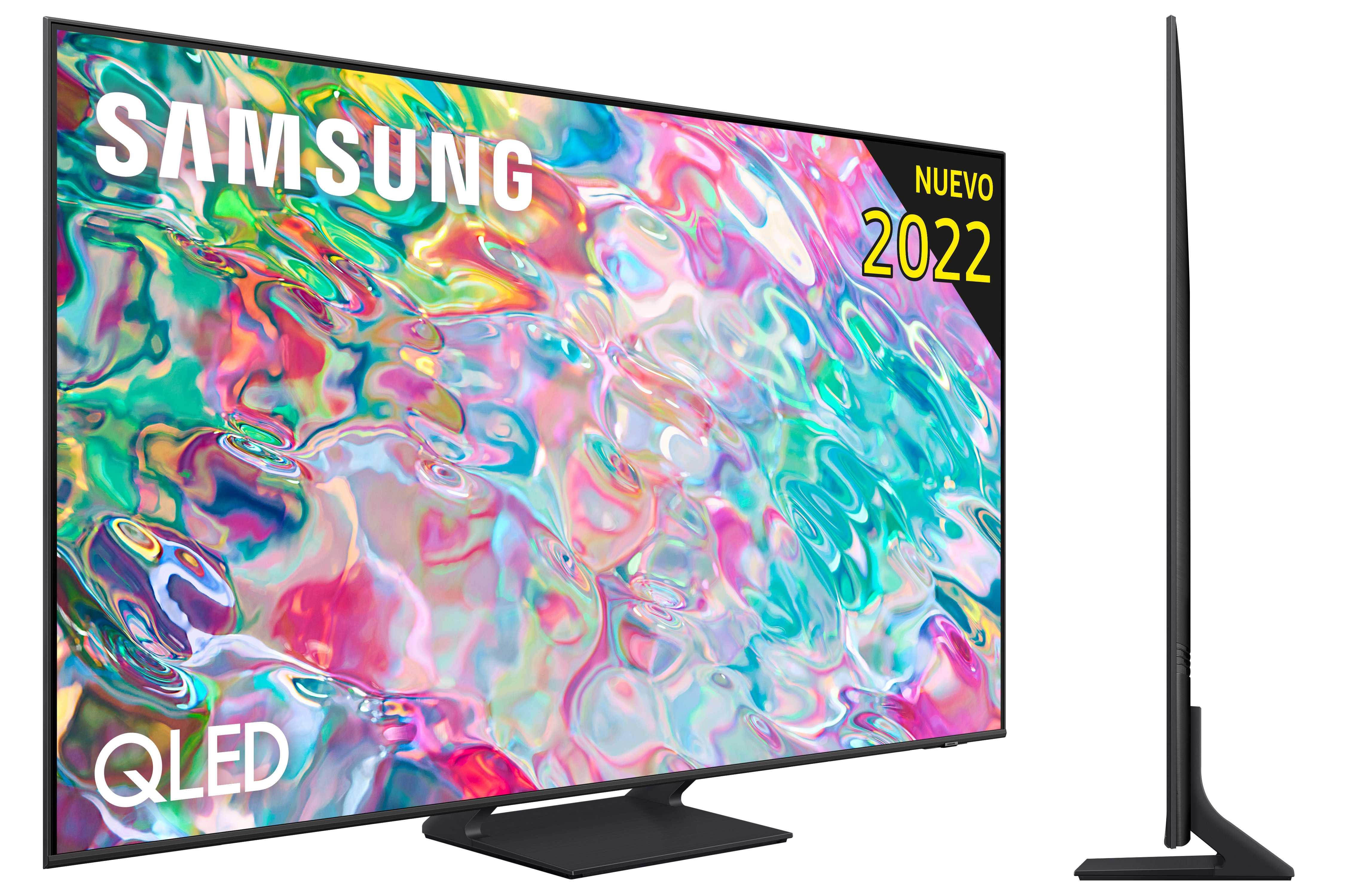 Un televisor Samsung QLED. Tiene una pantalla grande y un soporte, con una vista lateral mostrando su delgadez.