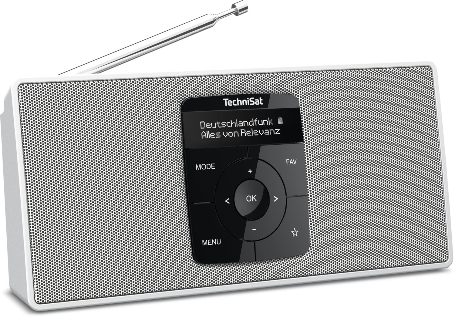 Une radio TechniSat blanche avec un panneau de commande noir et un écran.