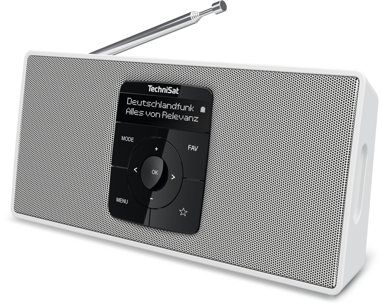 Radio TechniSat blanche avec panneau de commande noir, affichant des informations de radio allemande et une antenne.