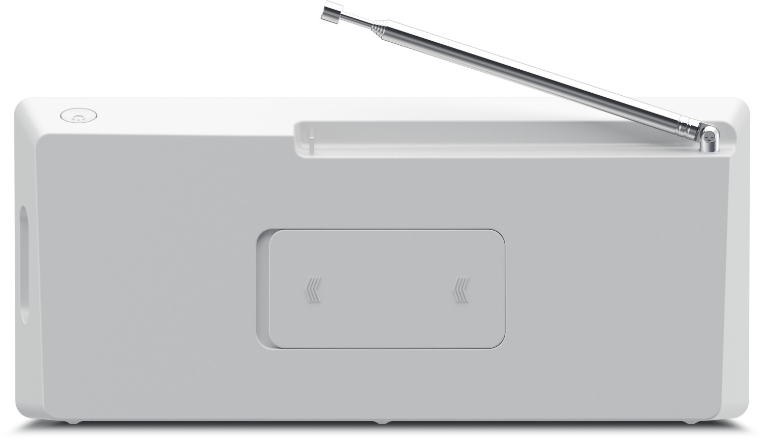 Radio blanche avec antenne rétractable et panneau de contrôle encastré, fond blanc.