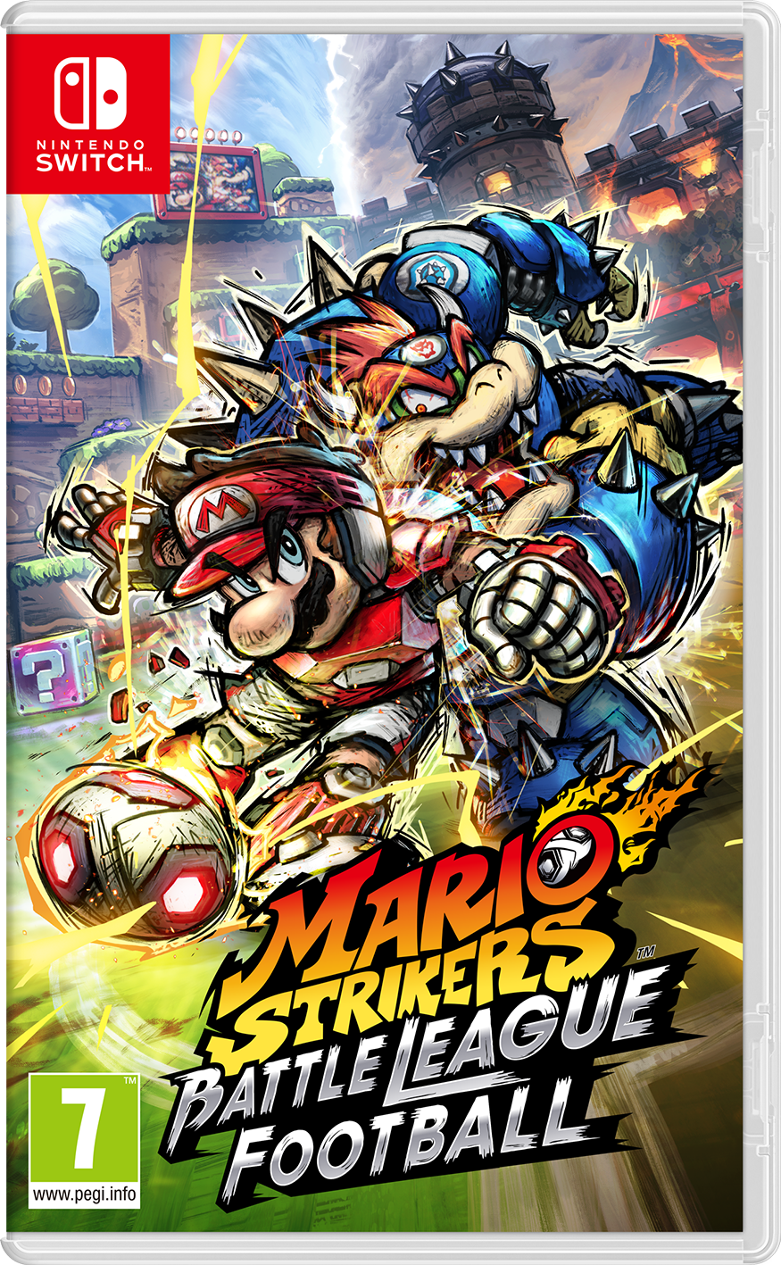 Mario et Bowser en position de combat sur la couverture du jeu Mario Strikers: Battle League Football.