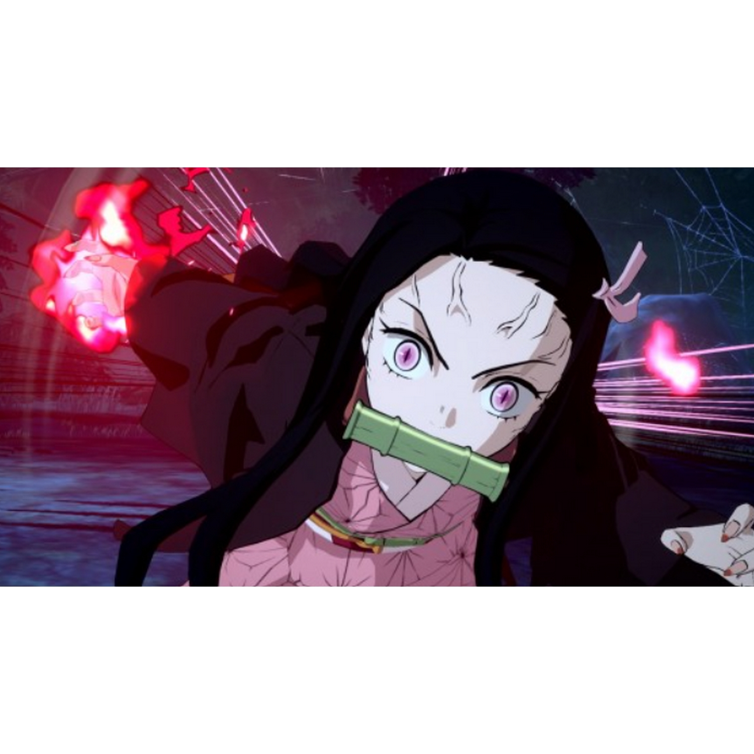 Personaje de anime Nezuko de Demon Slayer con ojos rosas y bambú en la boca.