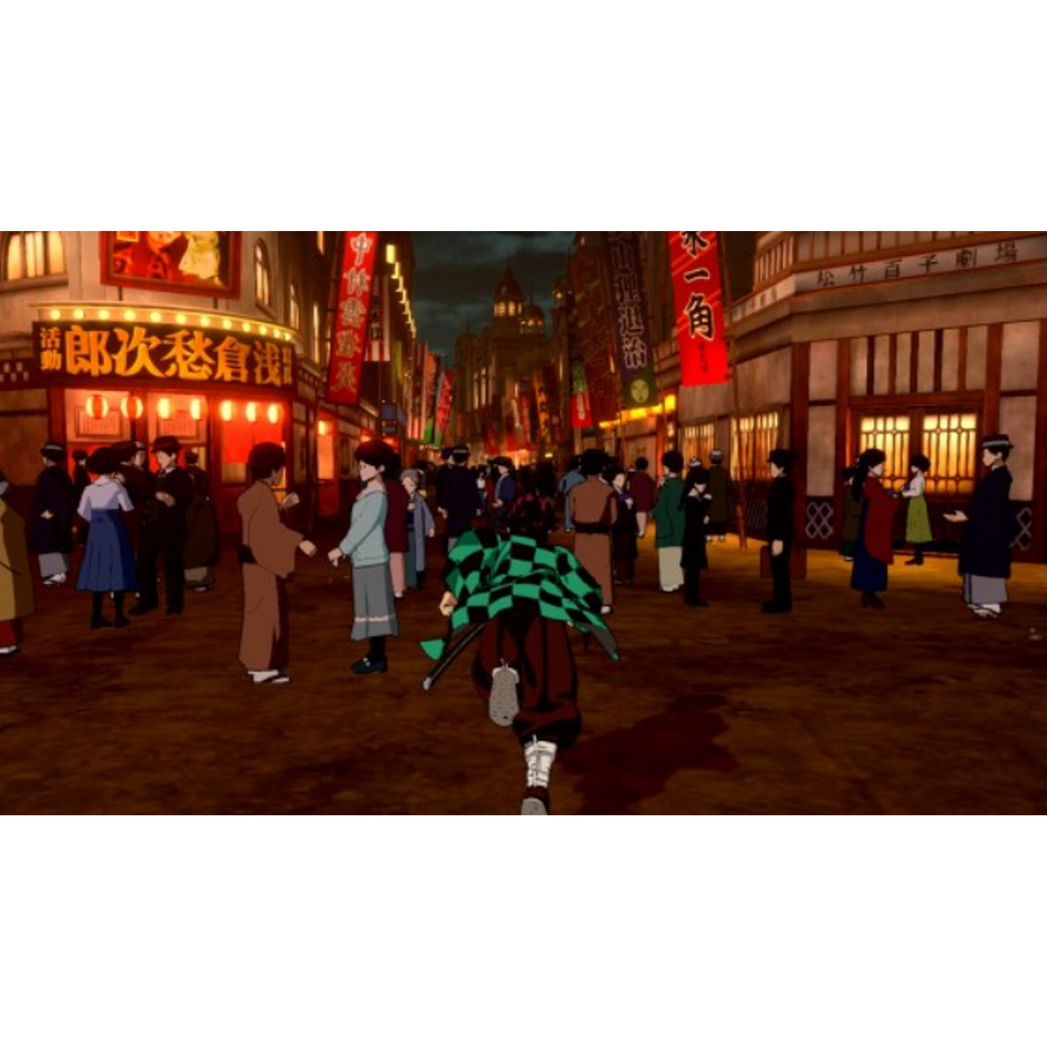 Escena animada de una calle bulliciosa en Japón. Gente caminando. Edificios con letreros. Colores brillantes.