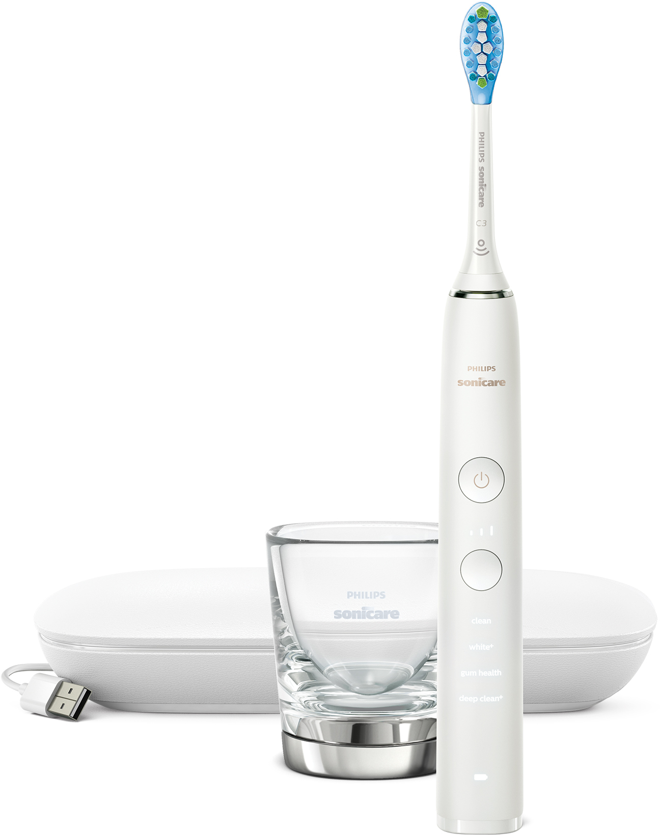 Une brosse à dents Philips Sonicare blanche, socle de chargement et verre.