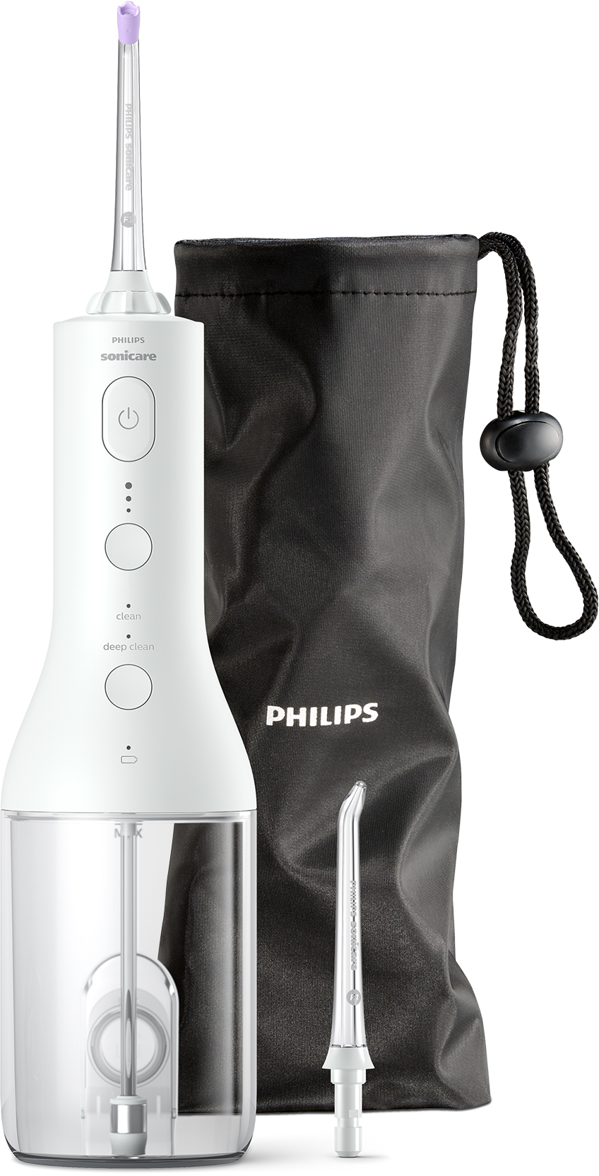 Un hydropulseur Philips Sonicare blanc et ses accessoires.