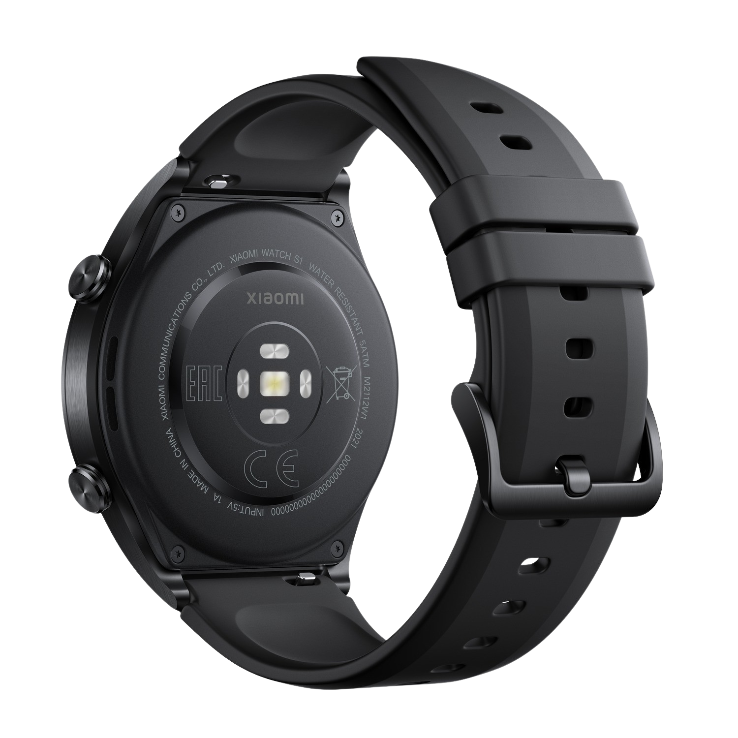 Un smartwatch Xiaomi Watch S1 negro, que muestra la parte trasera con sensores y una correa negra.