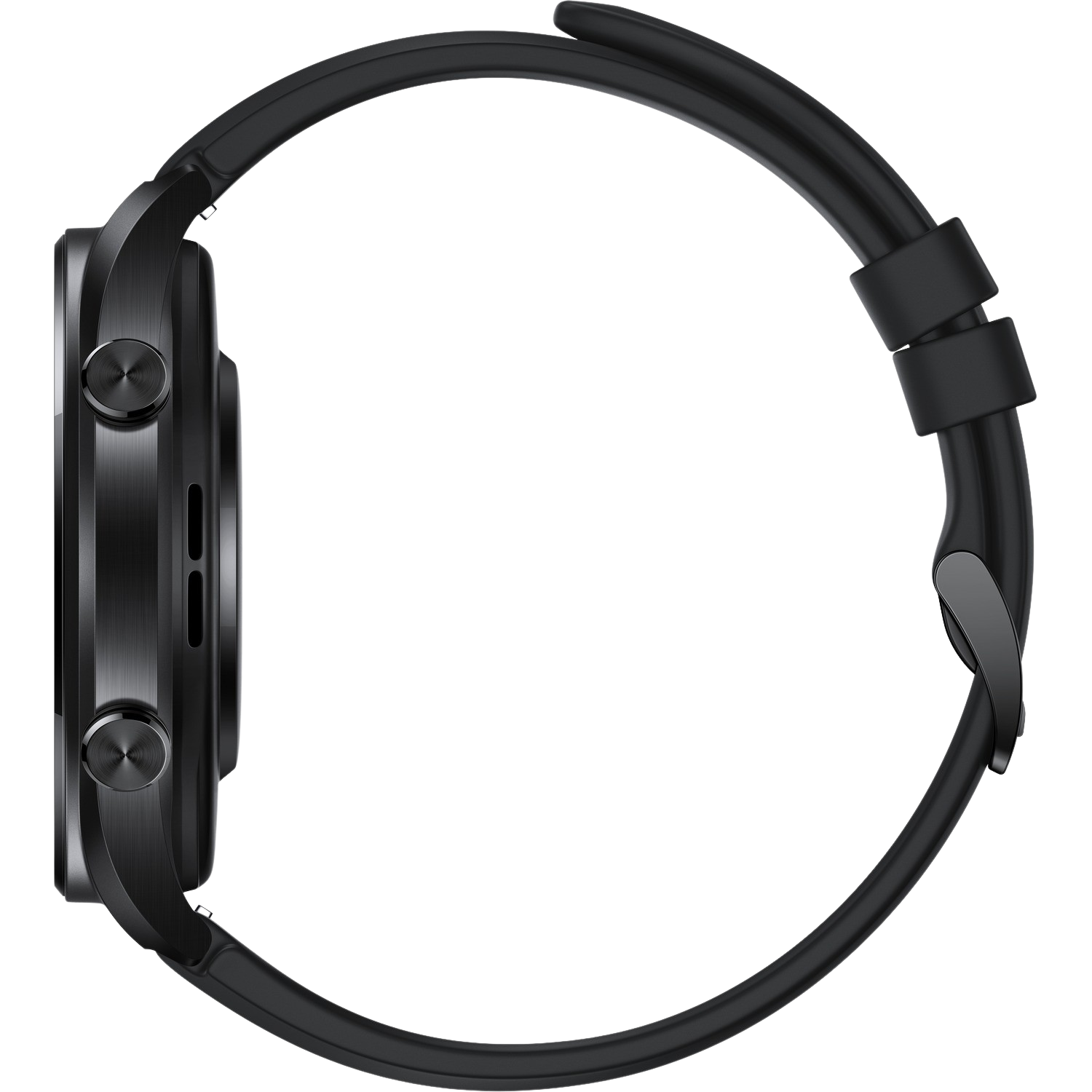 Reloj inteligente negro, perfil lateral.