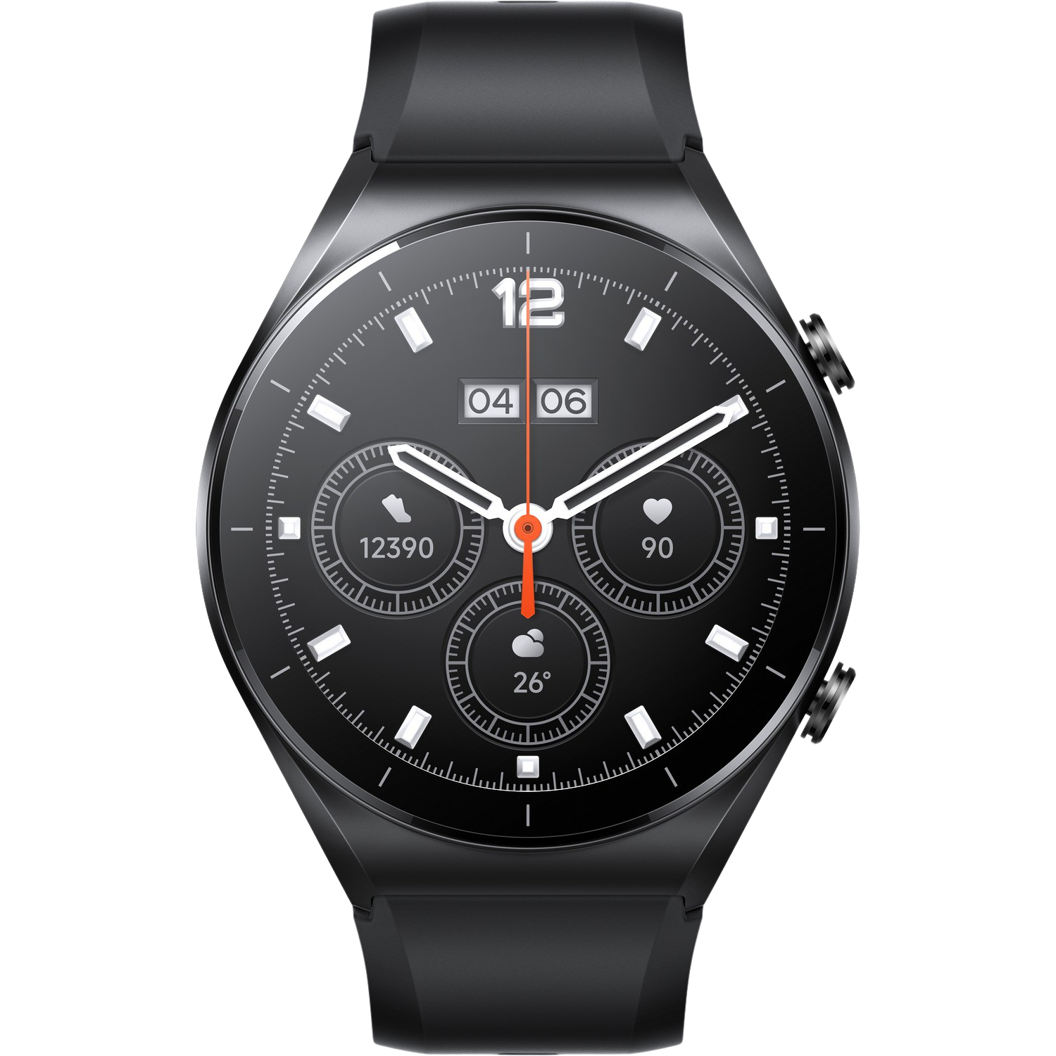 Smartwatch negra con esfera redonda muestra fecha y hora. Dos botones a la derecha.