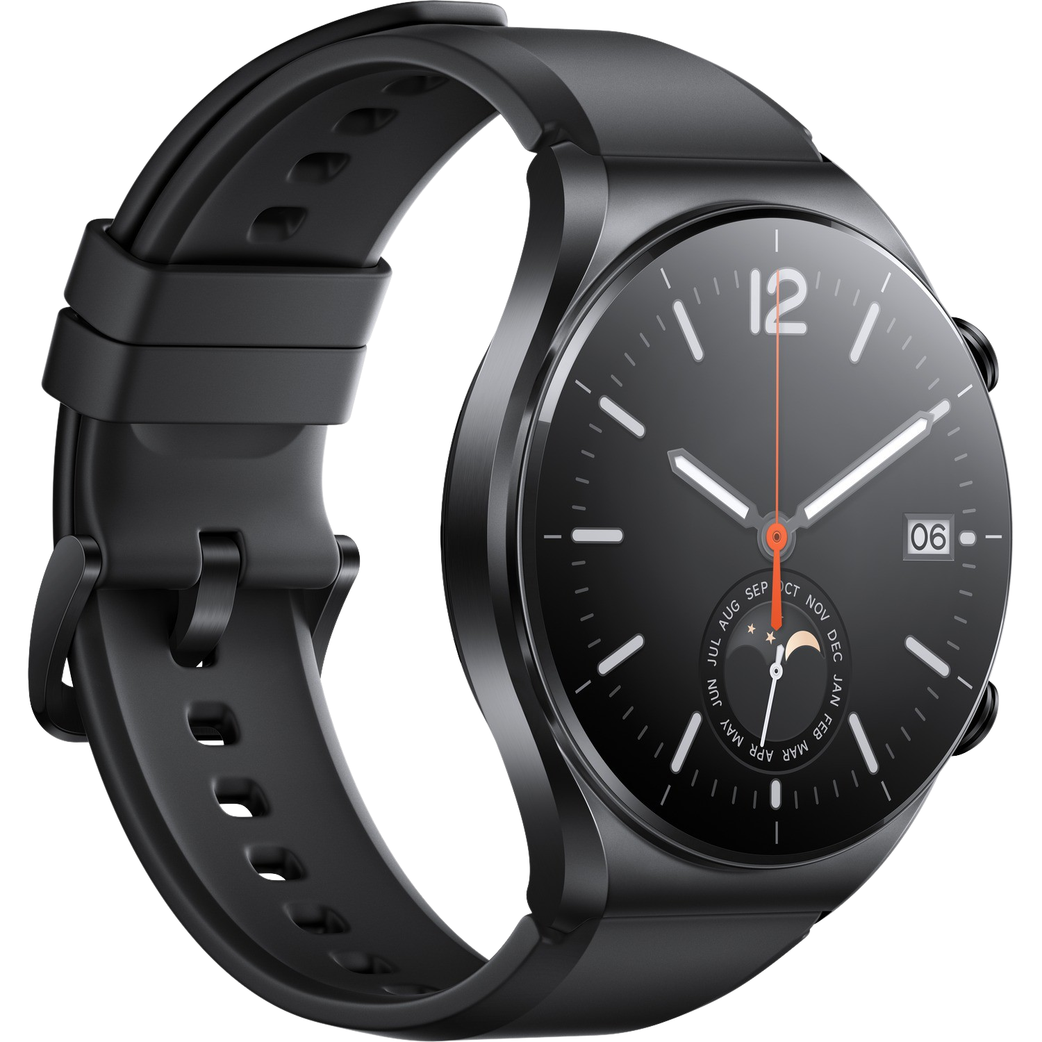 Smartwatch negra con pantalla circular. Cuenta con correa y esfera negras.