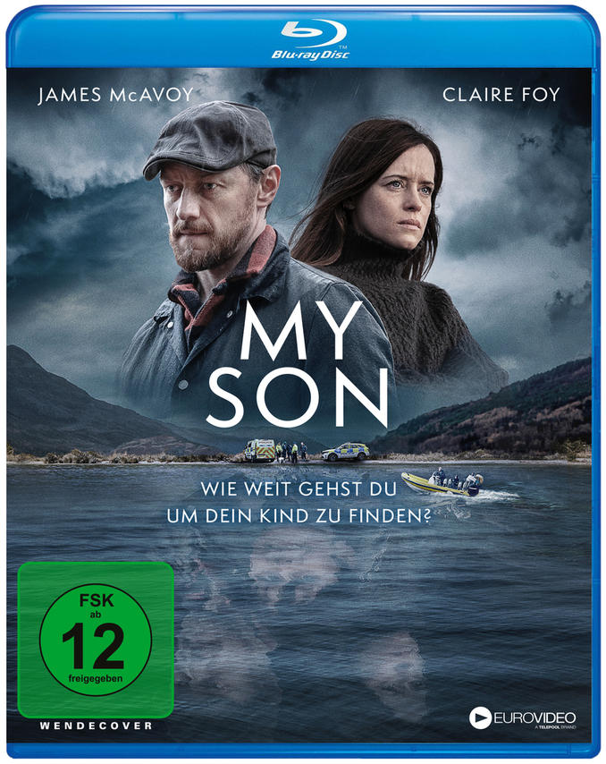 Blu-ray-Cover: James McAvoy, Claire Foy, Titel 'MY SON', Bilder von Polizei und Wasser.