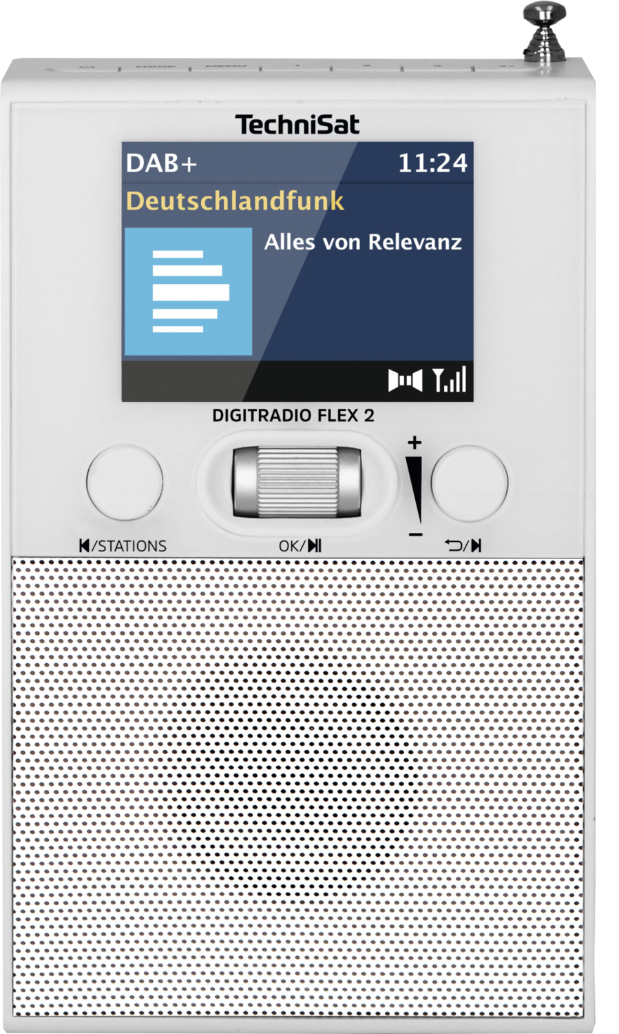 Witte digitale radio met scherm met tekst en een draaiknop. Met luidsprekerroosters en knoppen.