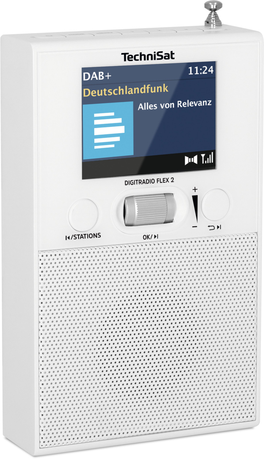 Witte radio met een klein scherm, knoppen en een wiel. Het scherm geeft radio-informatie weer.