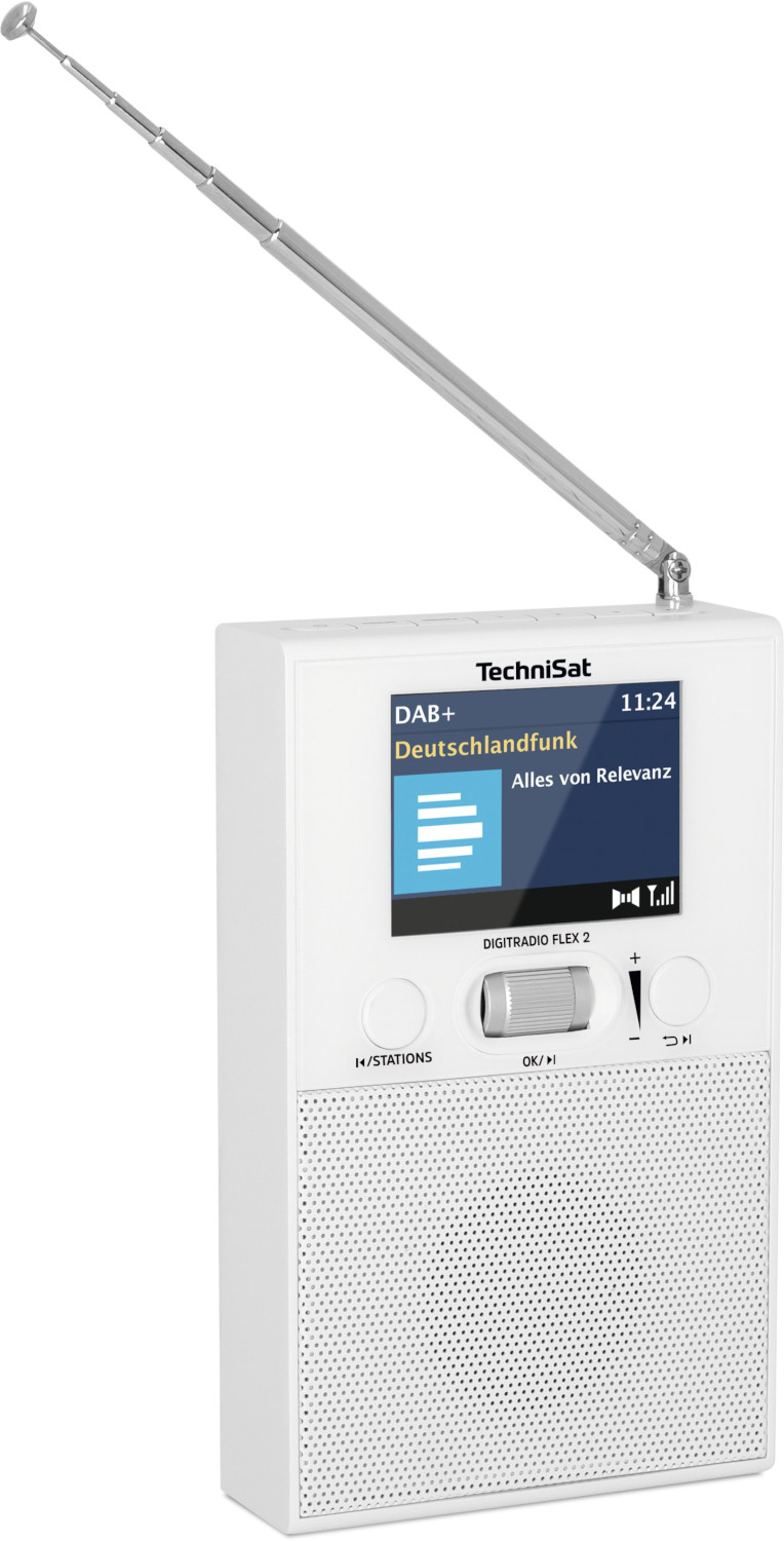 Witte radio met scherm dat radio-informatie weergeeft, zilveren antenne uitgeschoven.