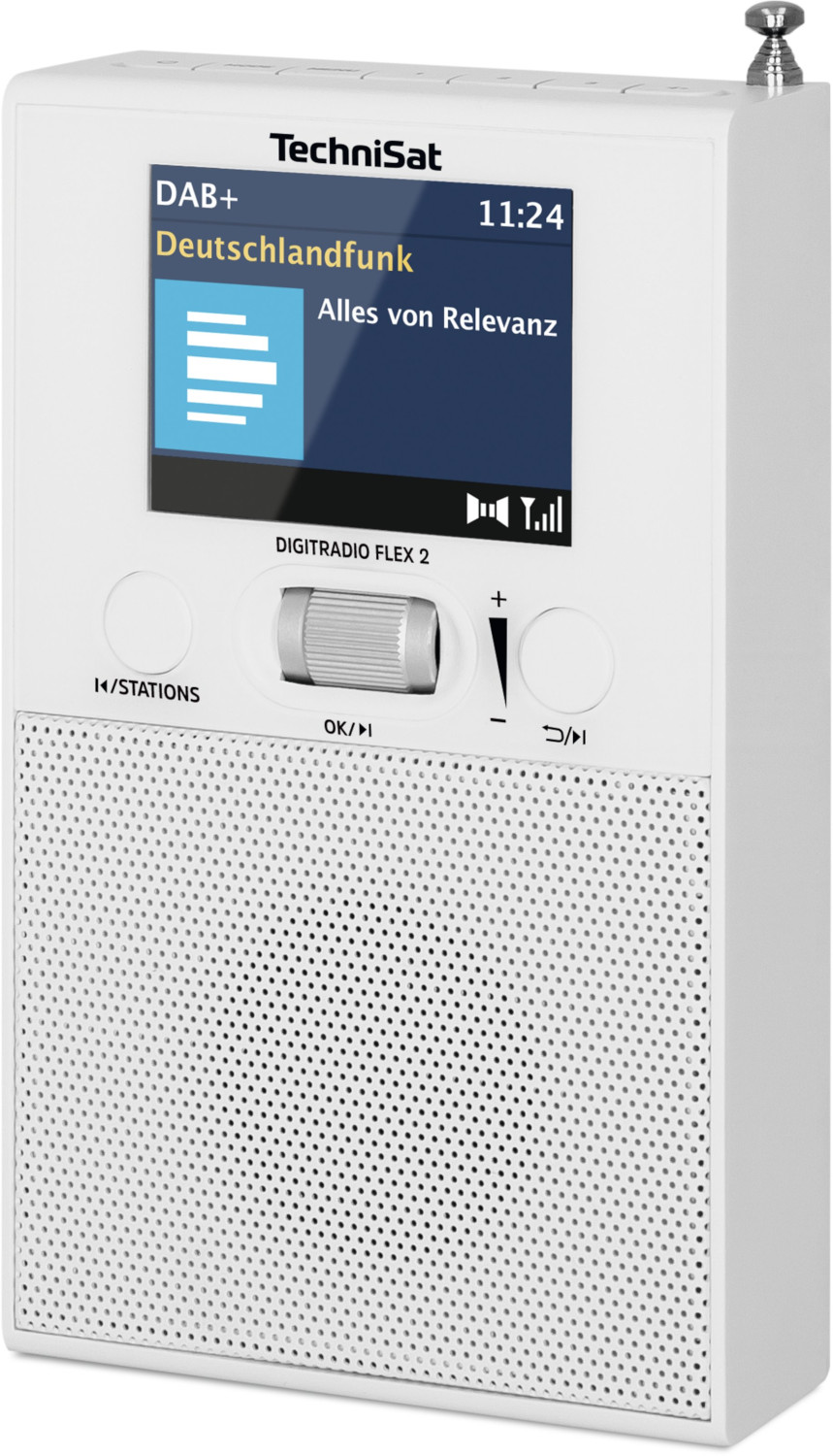 Witte TechniSat radio. Scherm toont radio-info. Daaronder een luidsprekerrooster.