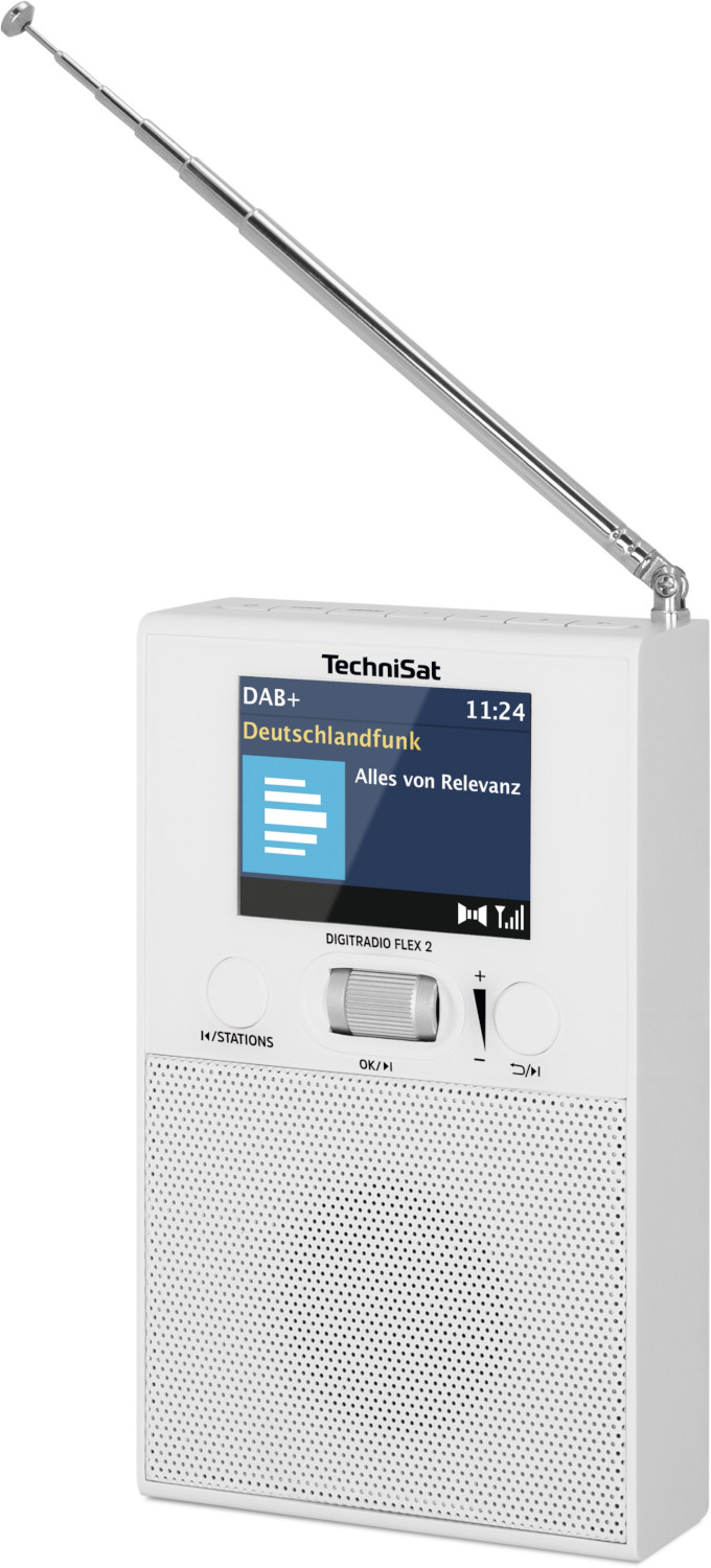 Witte TechniSat radio met scherm dat radio-info weergeeft. Antenne is uitgeschoven. De radio heeft een luidspreker.