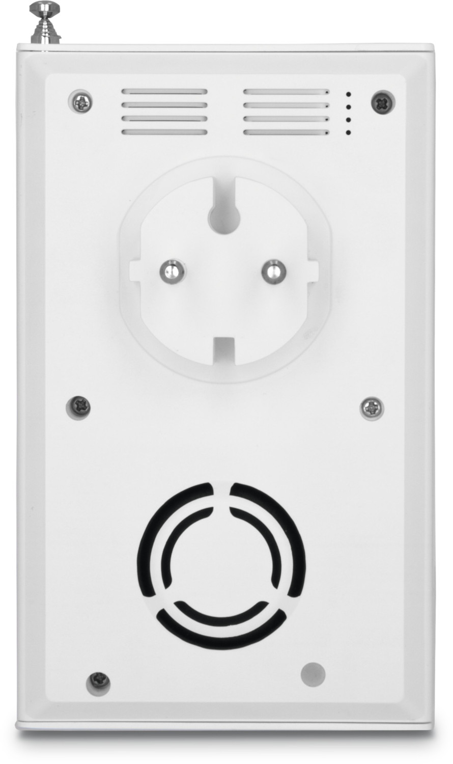 Een witte elektrische aansluiting met ventilatiegaten en een stopcontact.