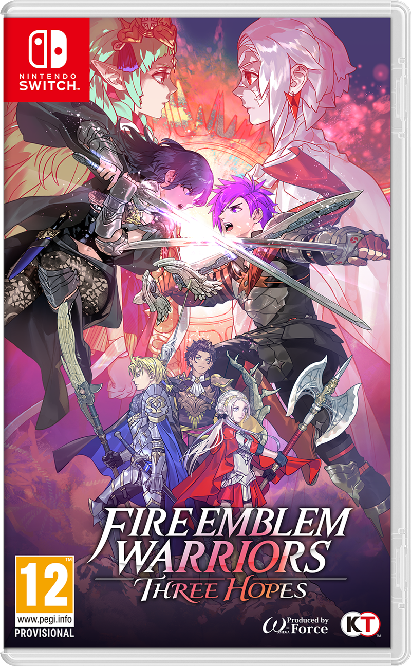 Jaquette du jeu Fire Emblem Warriors: Three Hopes. Des personnages s'affrontent, avec un étui Nintendo Switch blanc.