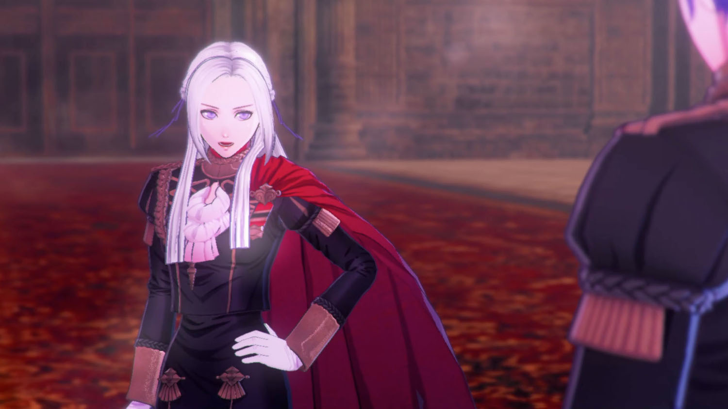 Une femme en cape rouge et tenue élégante d'un jeu vidéo.