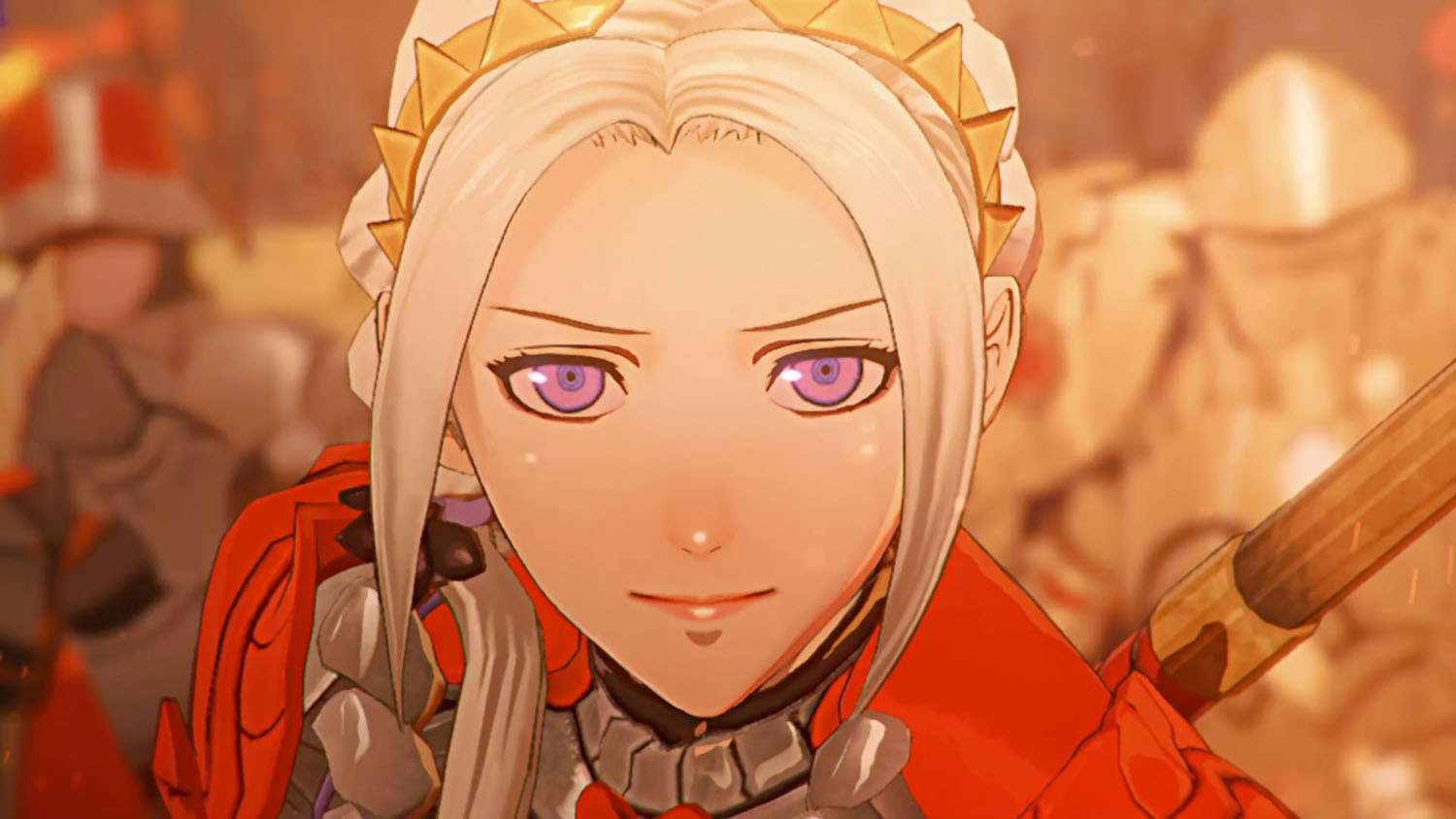 Gros plan sur le visage d'une femme d'un jeu vidéo, avec une expression sévère.