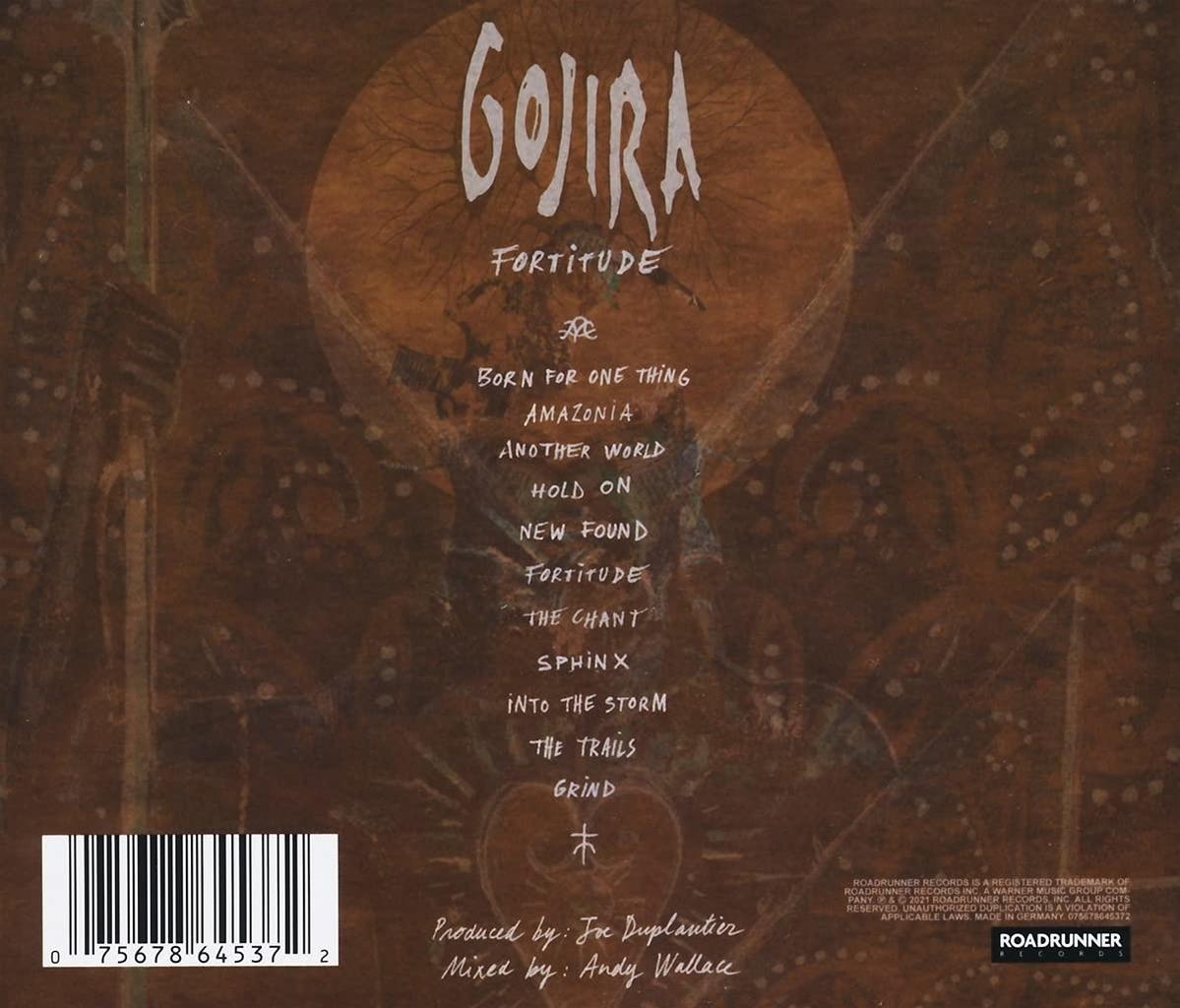A Gojira album hátlapja, dalcímekkel és stáblistával. Barna háttér, kör alakú mintával.