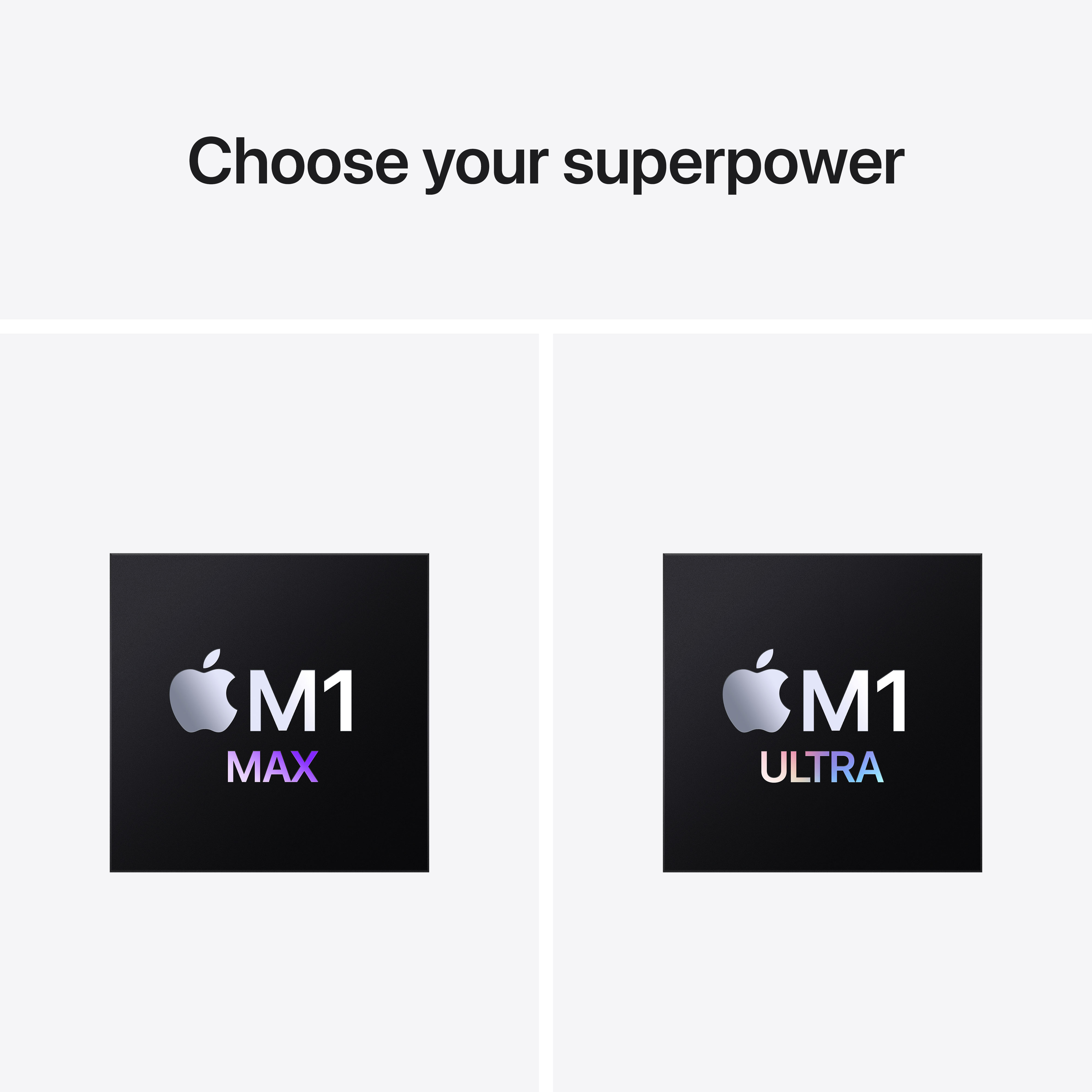 Apple-logo, met M1 MAX en M1 ULTRA eronder. De tekst luidt 'Kies je superkracht'.
